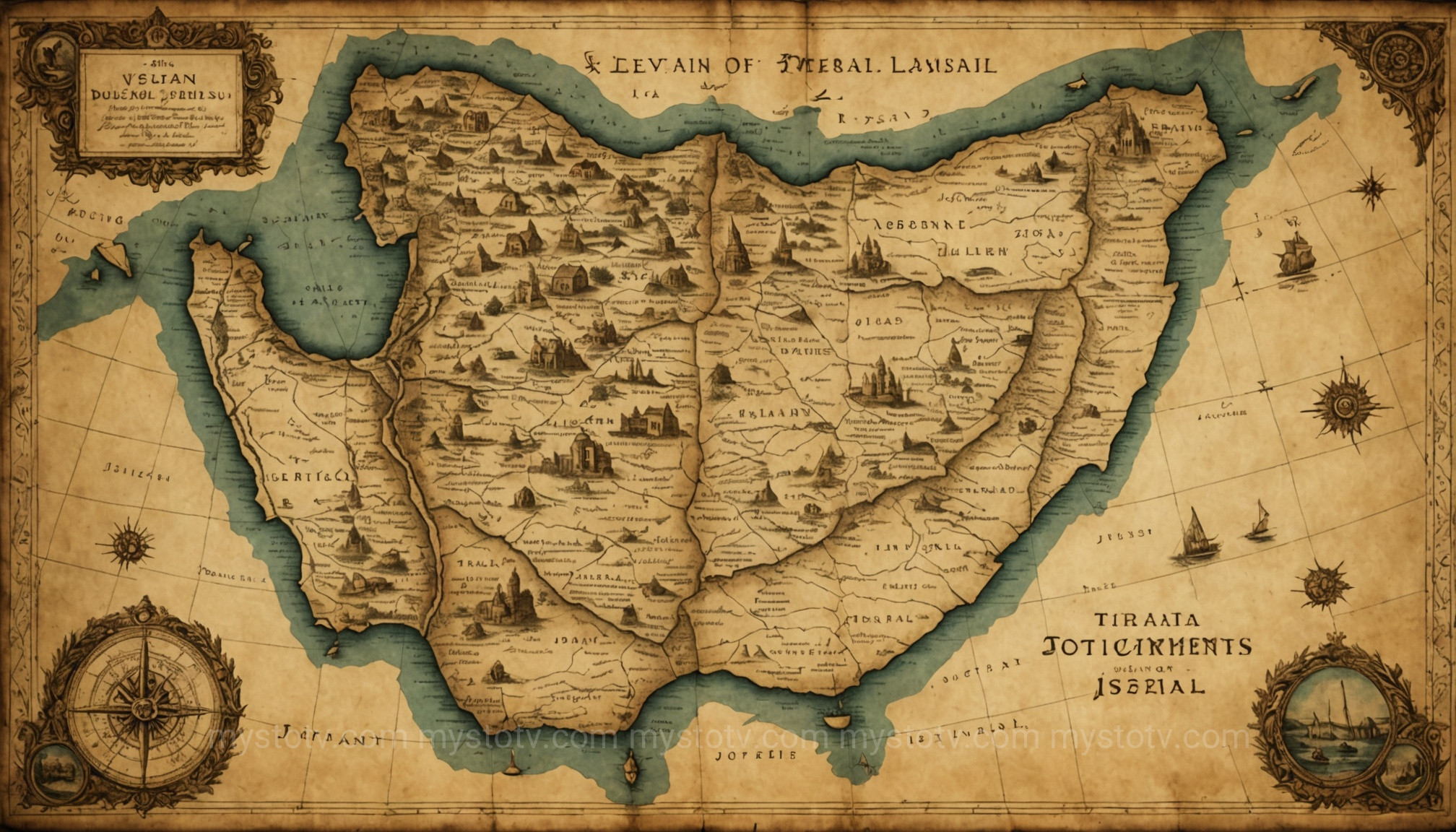 A historical depiction of an ancient Israel map showing the twelve tribal allotments from the time of Joshua, including Judah and Ephraim.