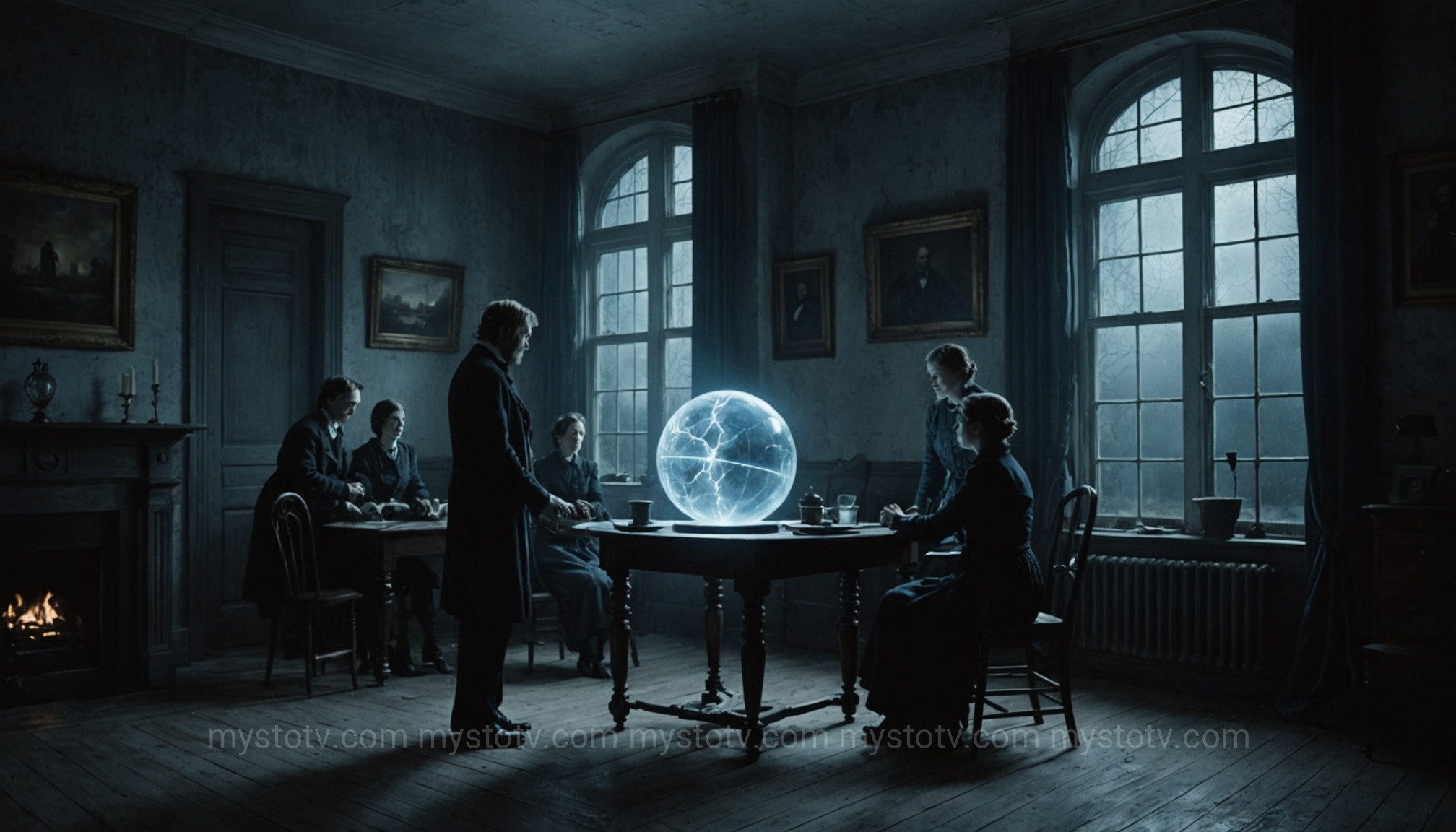 A historical illustration depicting the unsettling ball lightning phenomenon entering a home during a storm.