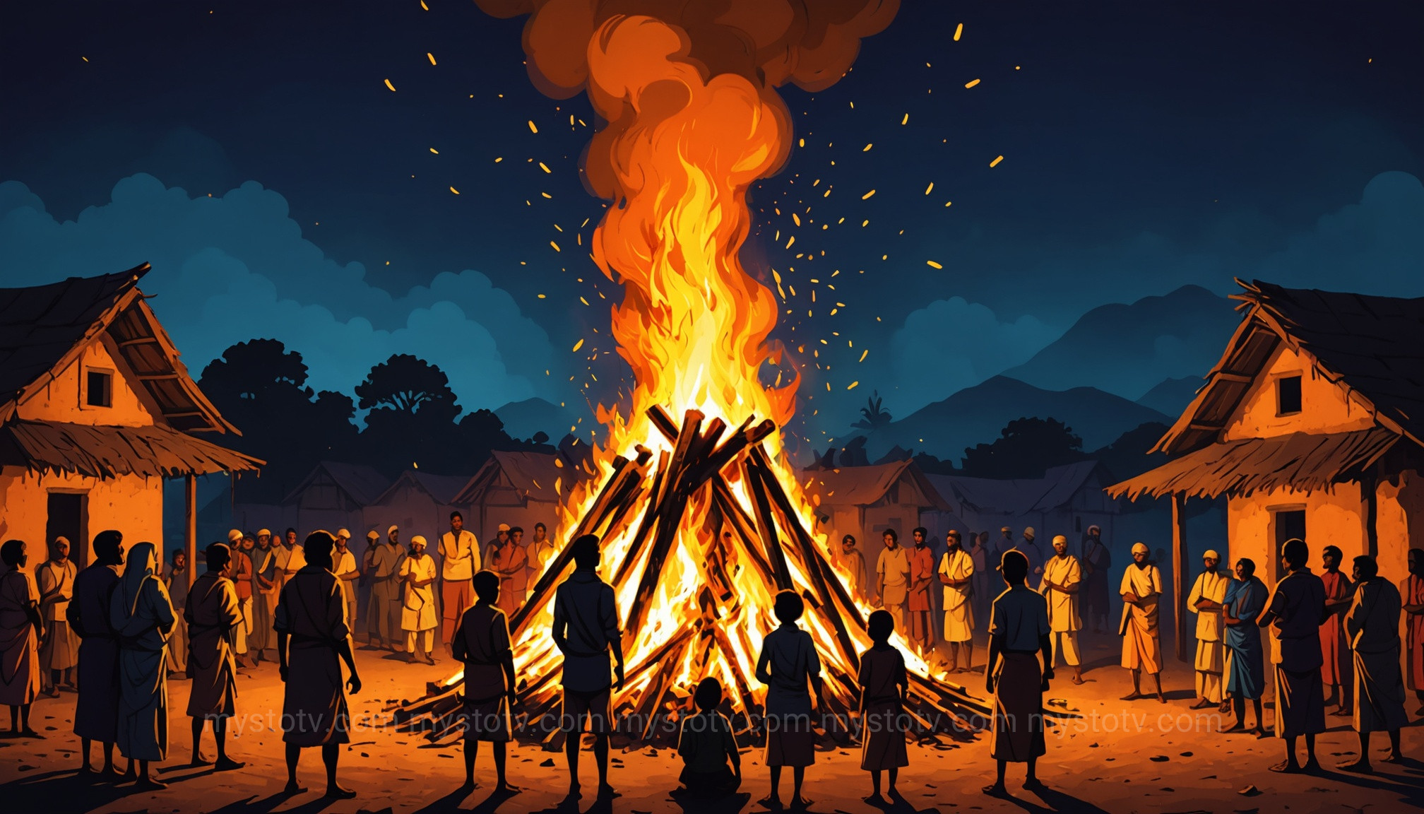 A large Holika Dahan bonfire with Prahlad emerging safely, symbolizing the triumph of good over evil that precedes the celebration of holi krishna colors.