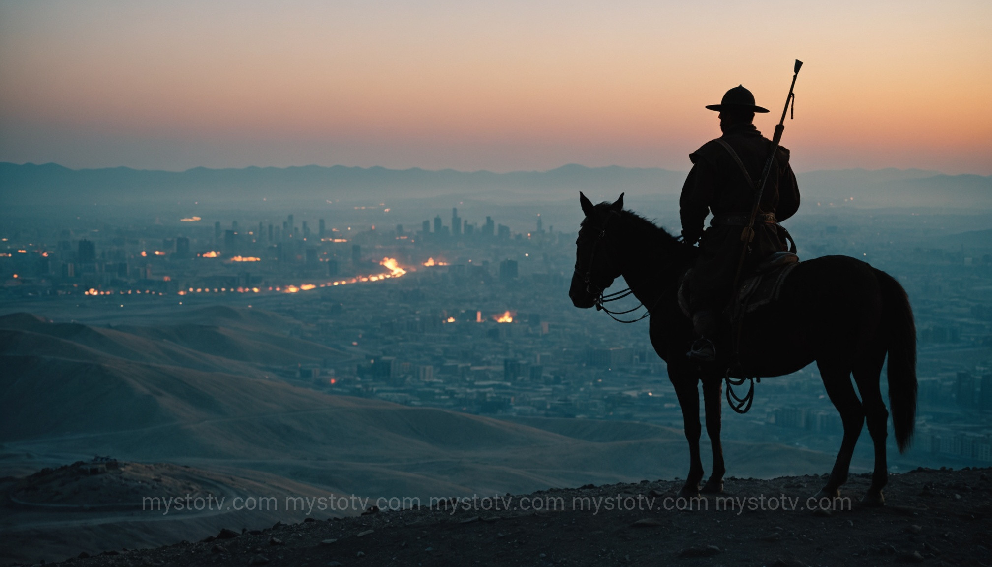 A lone scout observing a city, symbolizing the psychological component of Genghis Khan tactics.