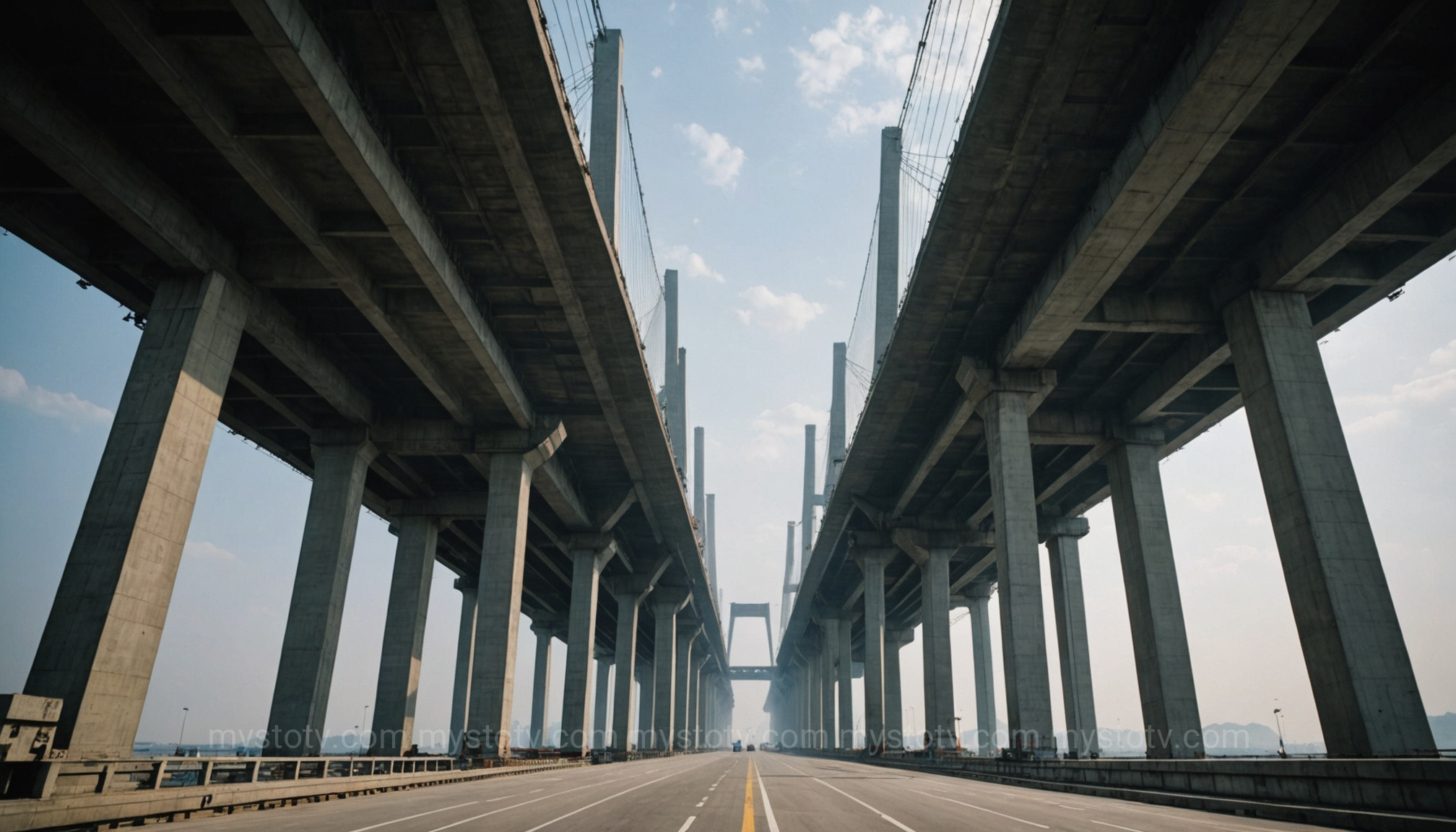 A low-angle view of the immense concrete support pylons of the Danyang-Kunshan Grand Bridge, showcasing its engineering genius.