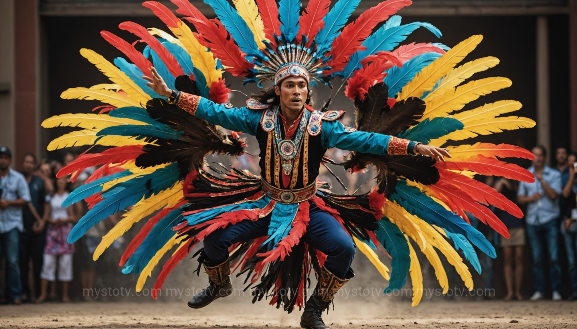 A male dancer performing the energetic Men\'s Fancy Dance, a vibrant example of what is a pow wow dance.