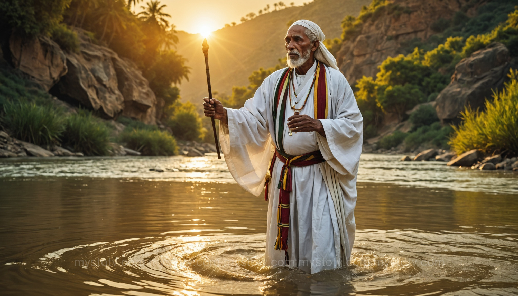 A Mandaean priest performing a baptism, a ritual central to the living faith and its Ginza Rba sacred texts mysteries.