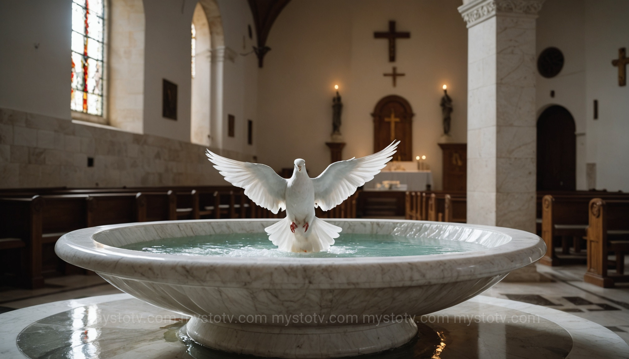 A marble baptismal font, symbolizing the role of the Holy Spirit Roman Catholic teaching in the sacrament of Baptism.