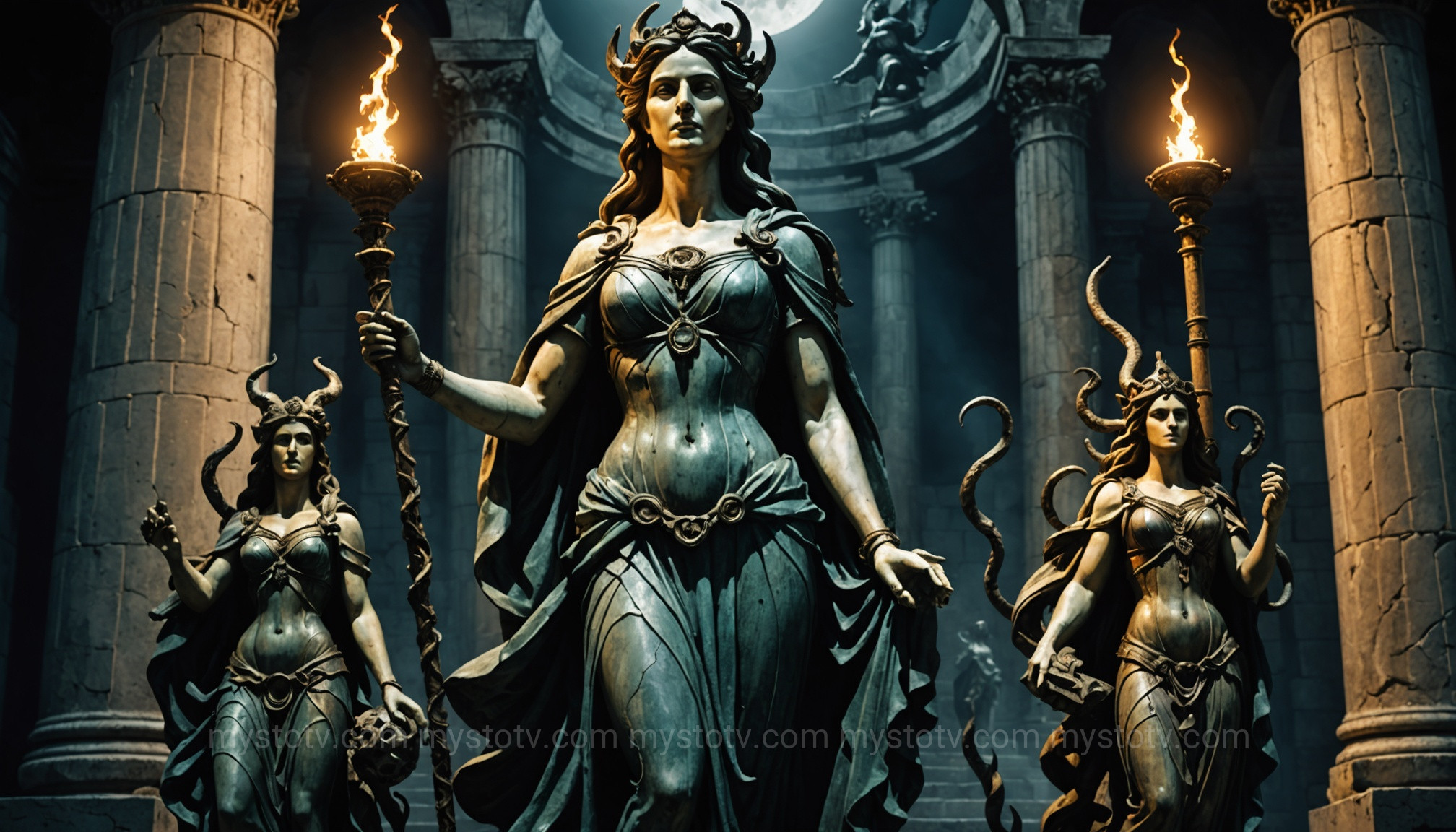 A marble statue depicting the triple form of the hecate goddess of witchcraft, holding a torch and key.