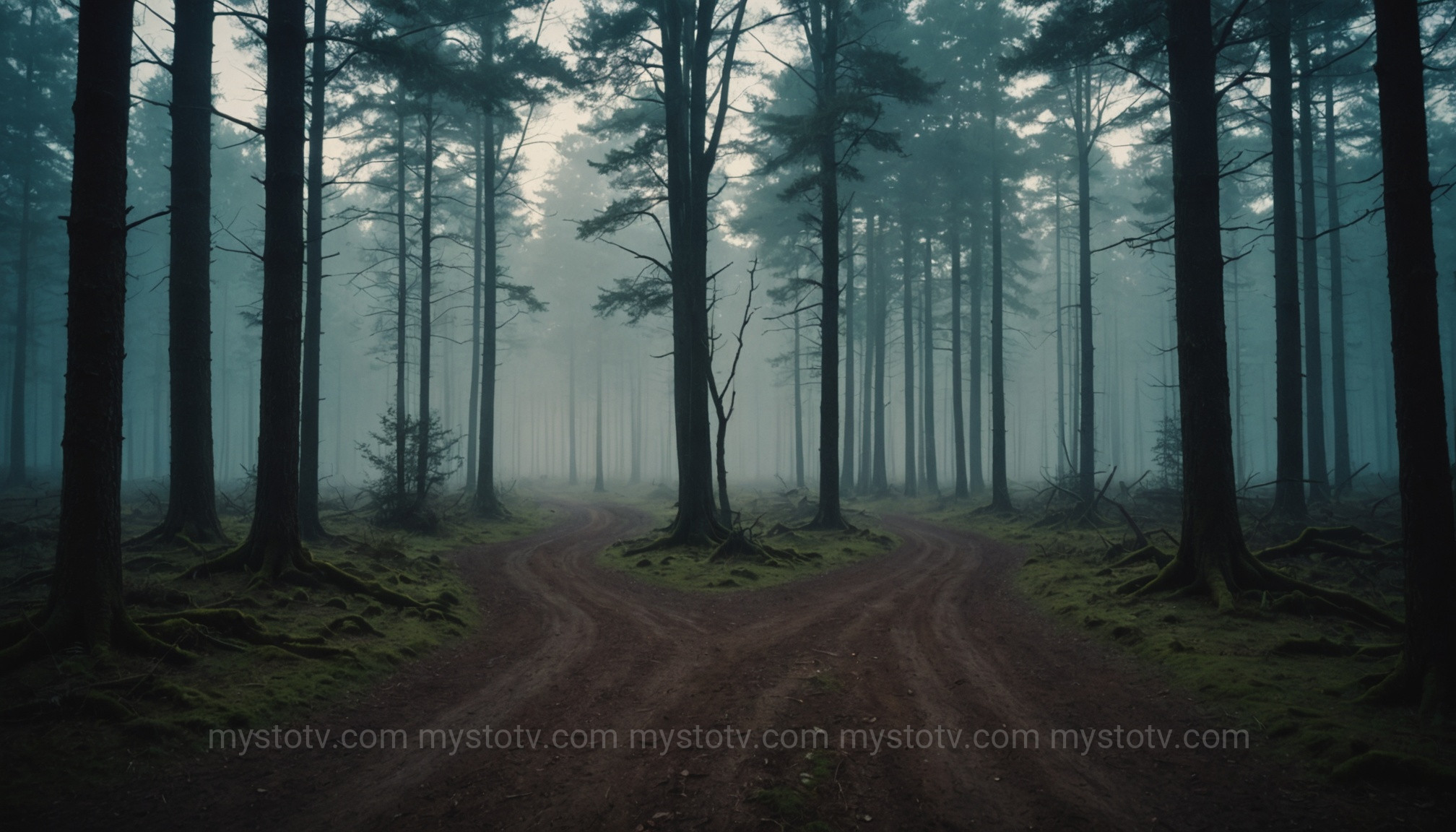A misty three-way crossroads at twilight, a key domain of the hecate goddess of witchcraft.