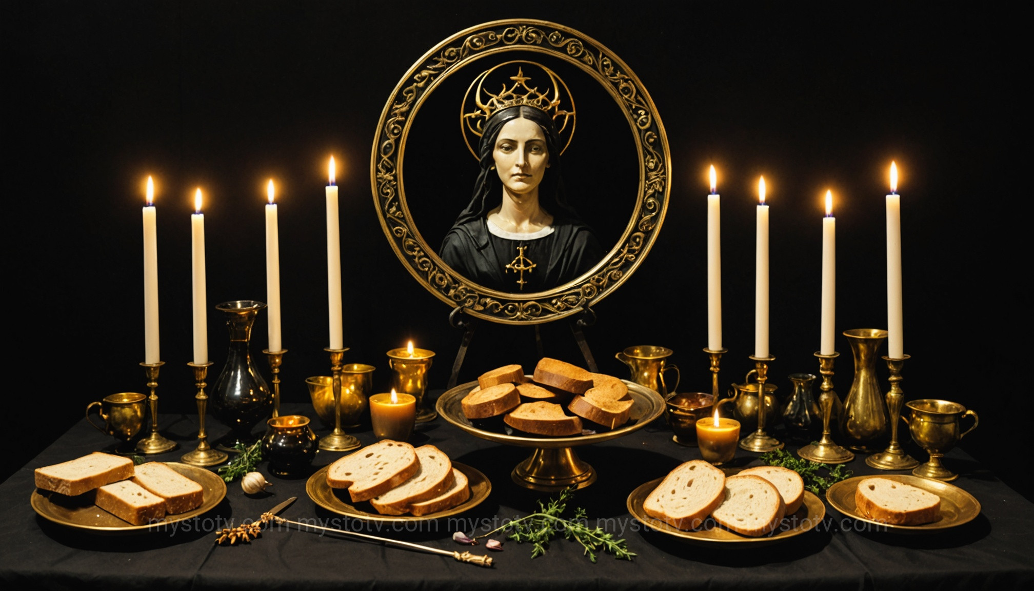 A modern altar for the hecate goddess of witchcraft, showing offerings of keys, candles, and herbs.