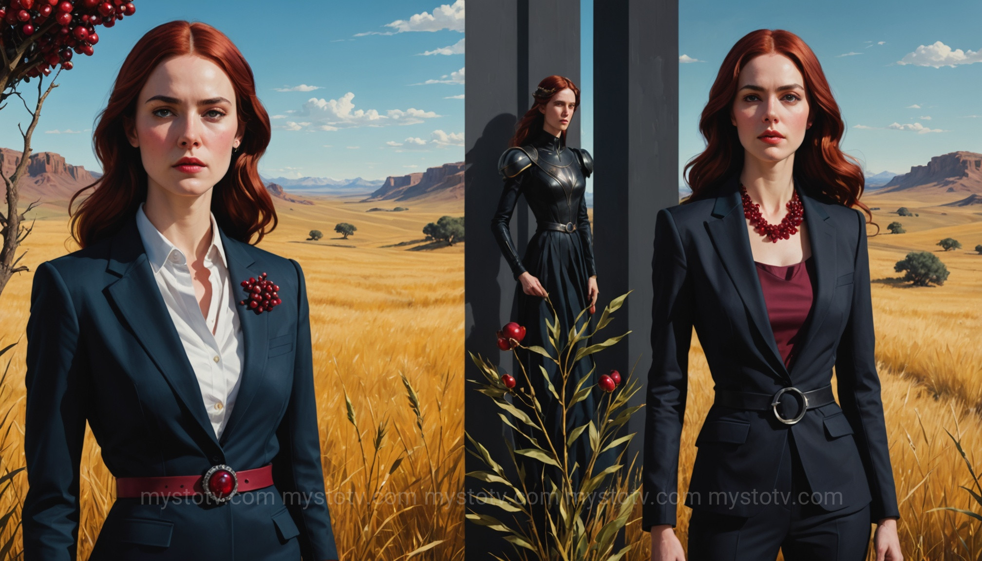 A modern artistic interpretation showing the evolution of the main character in the story of Persephone and Hades.