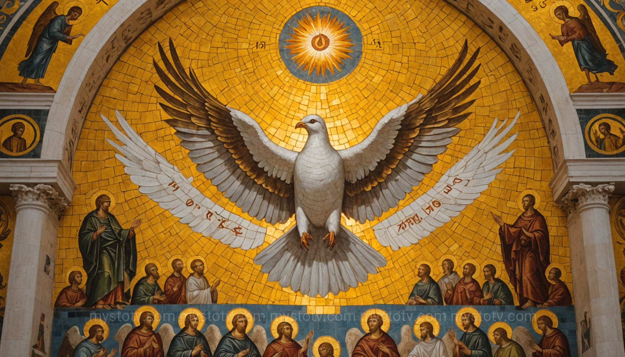 A mosaic showing the dove, fire, water, and oil, key symbols of the holy spirit roman catholic tradition.