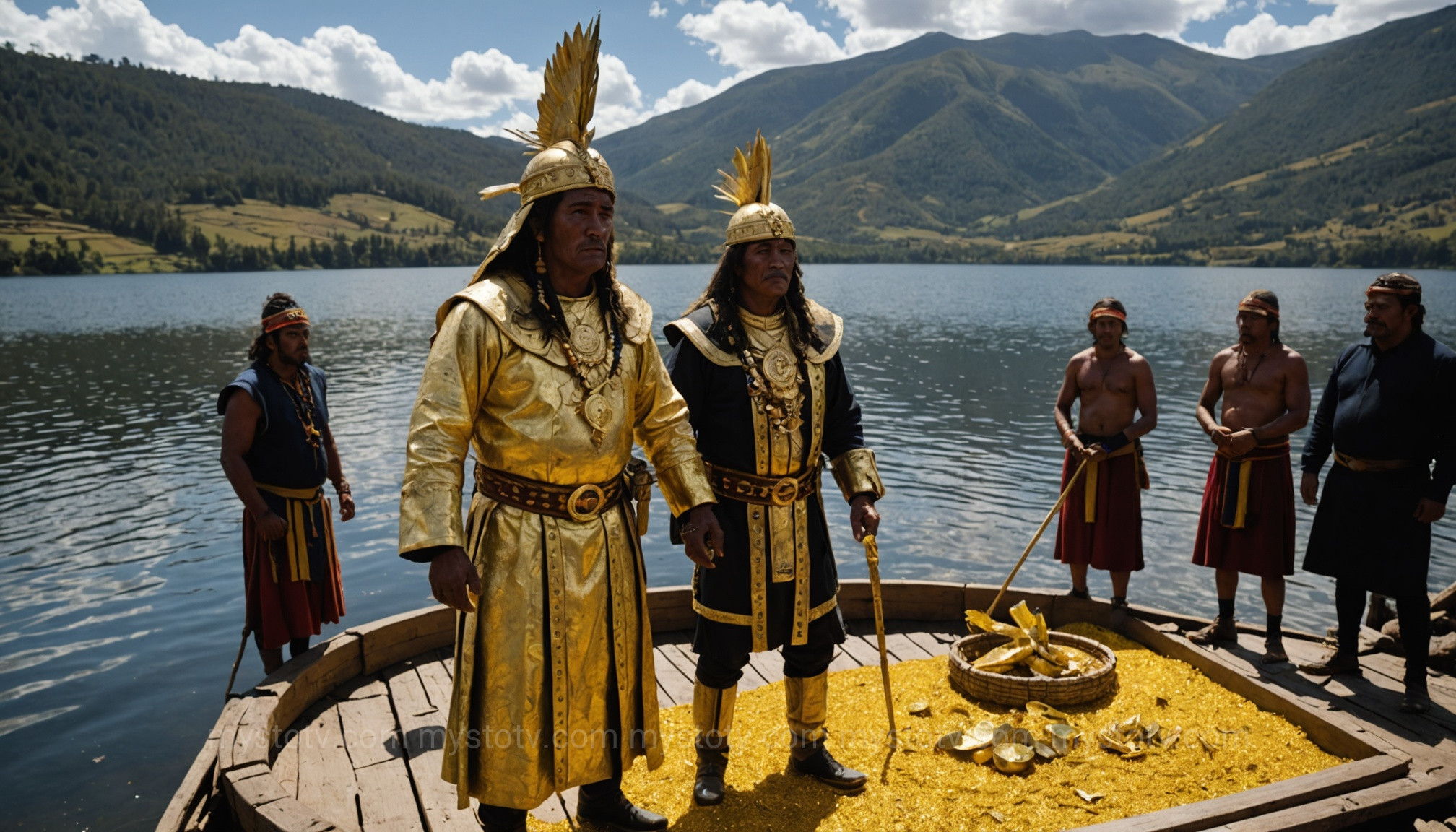 A Muisca chieftain covered in gold dust on a raft during a ceremony, the historical basis for the legend of El Dorado city of gold.