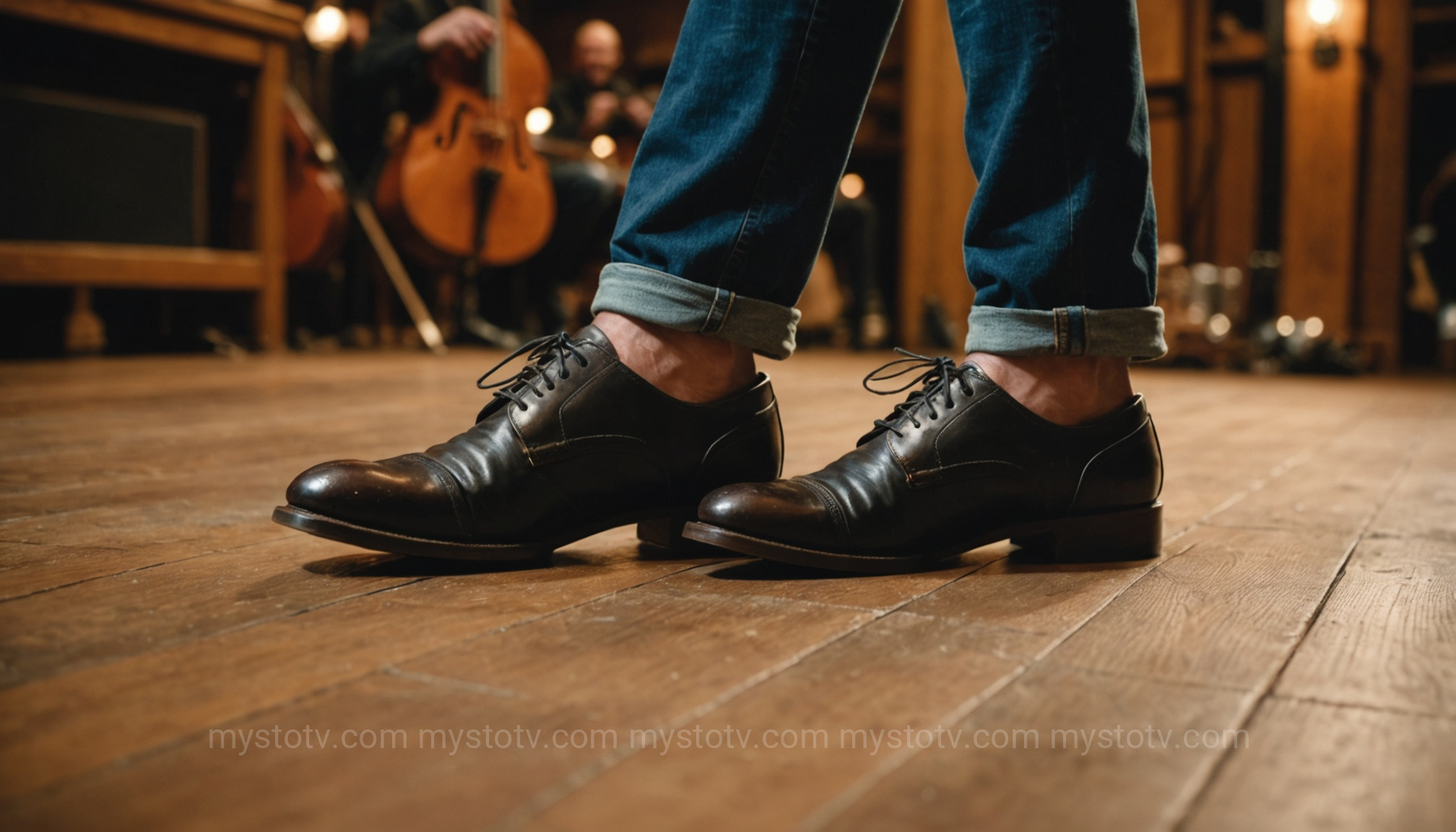 A musician\'s foot tapping time, illustrating the rhythm required for learning the tin whistle for Irish jigs.