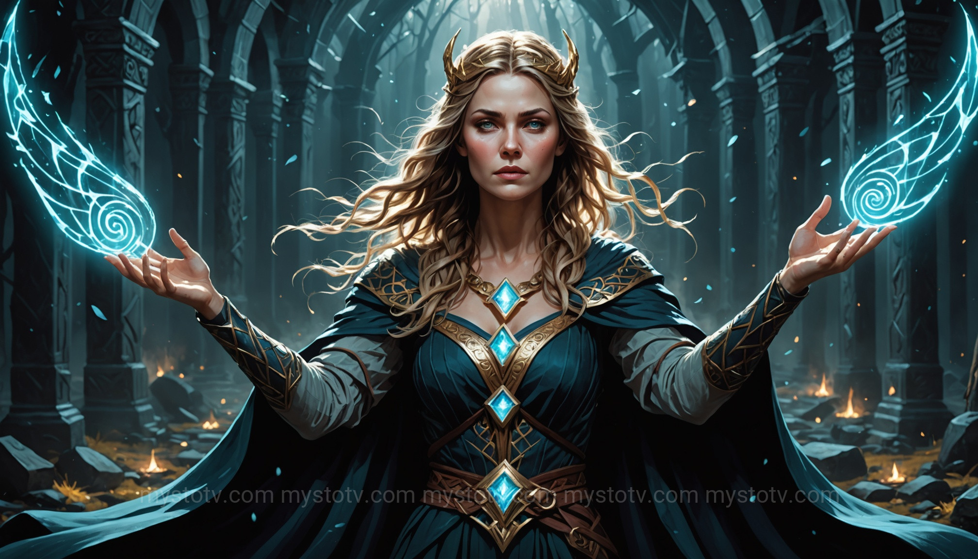 A mystical portrayal of Freya practicing seiðr, emphasizing the Norse goddess Freya significance in magic, prophecy, and fate.