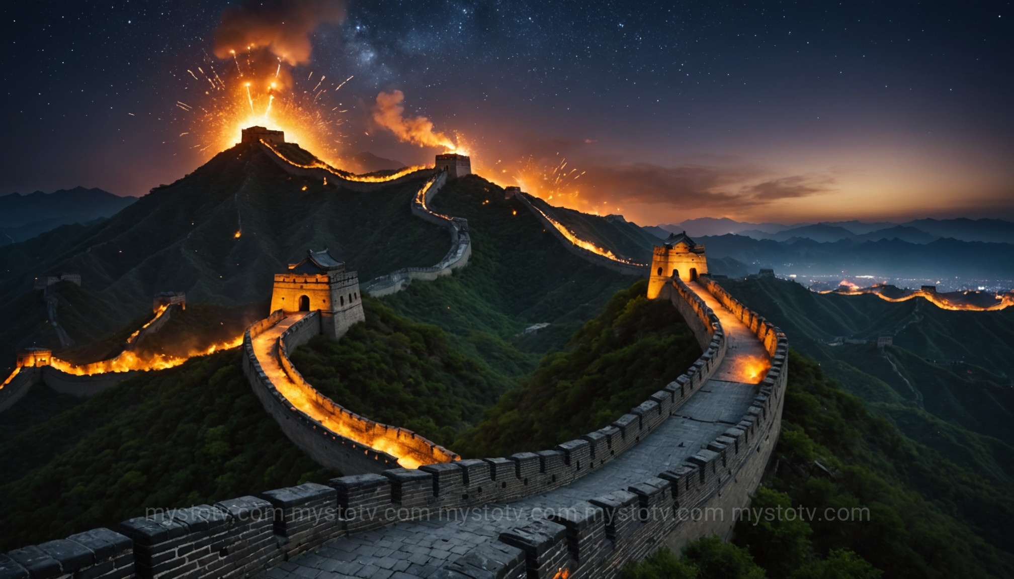 A network of beacon fires lit at night by great wall guards to signal an enemy invasion along the frontier.