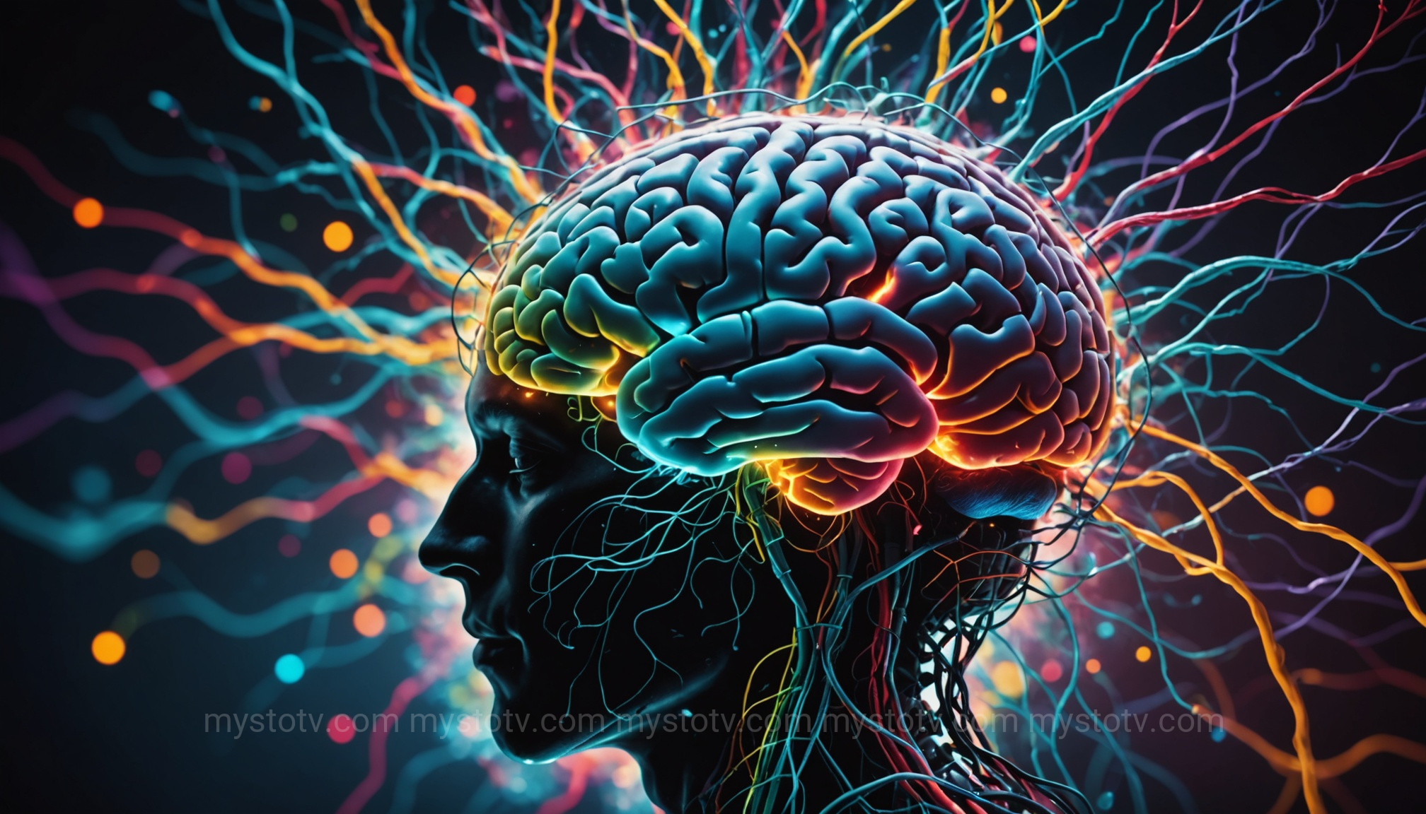 A neurological interpretation of ghost encounters near-death, showing brain activity and hallucinations.