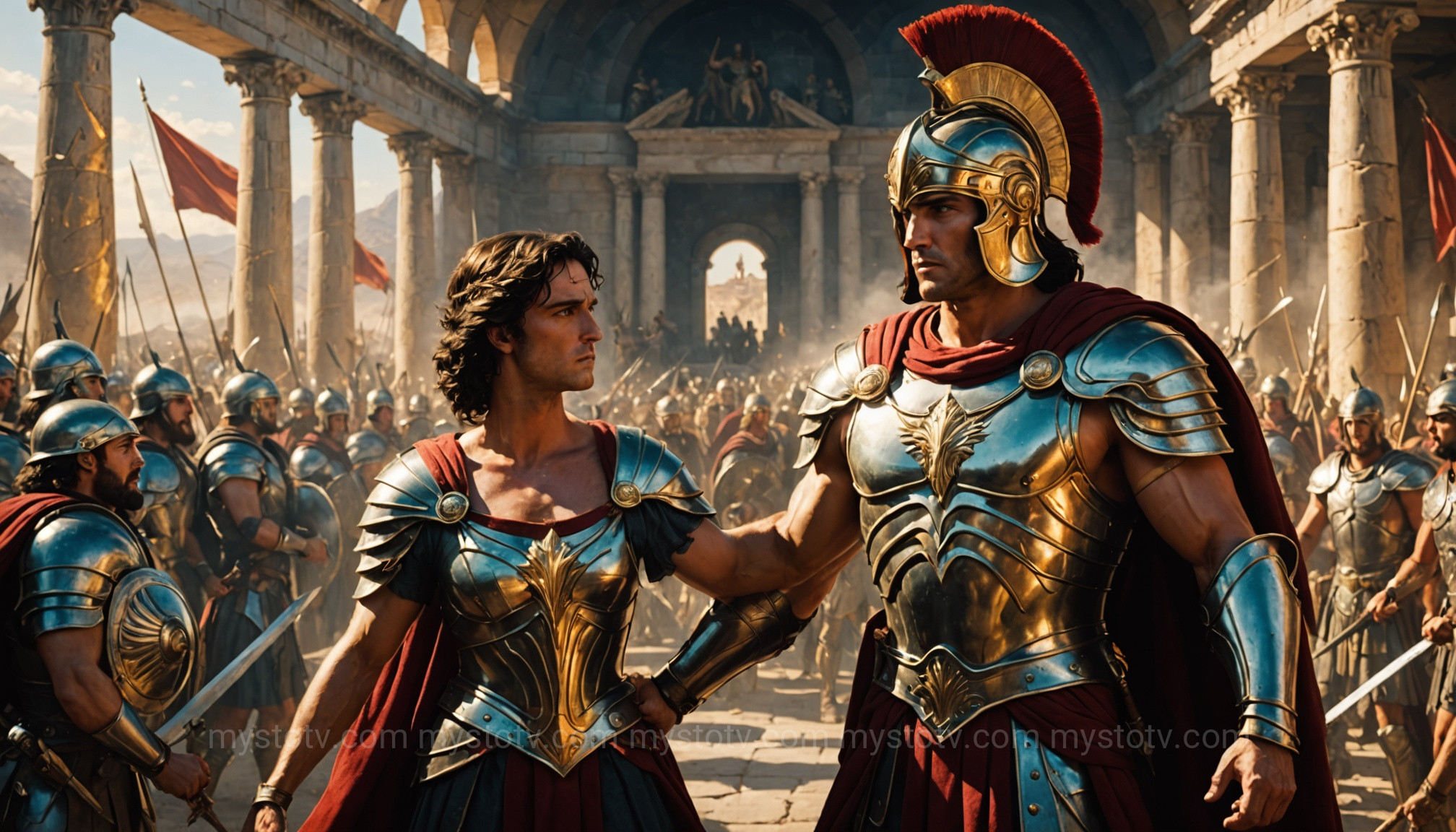 A painting depicting the emotional prelude to the Achilles vs Hector duel, showing Achilles\' rage and Hector\'s sense of duty.