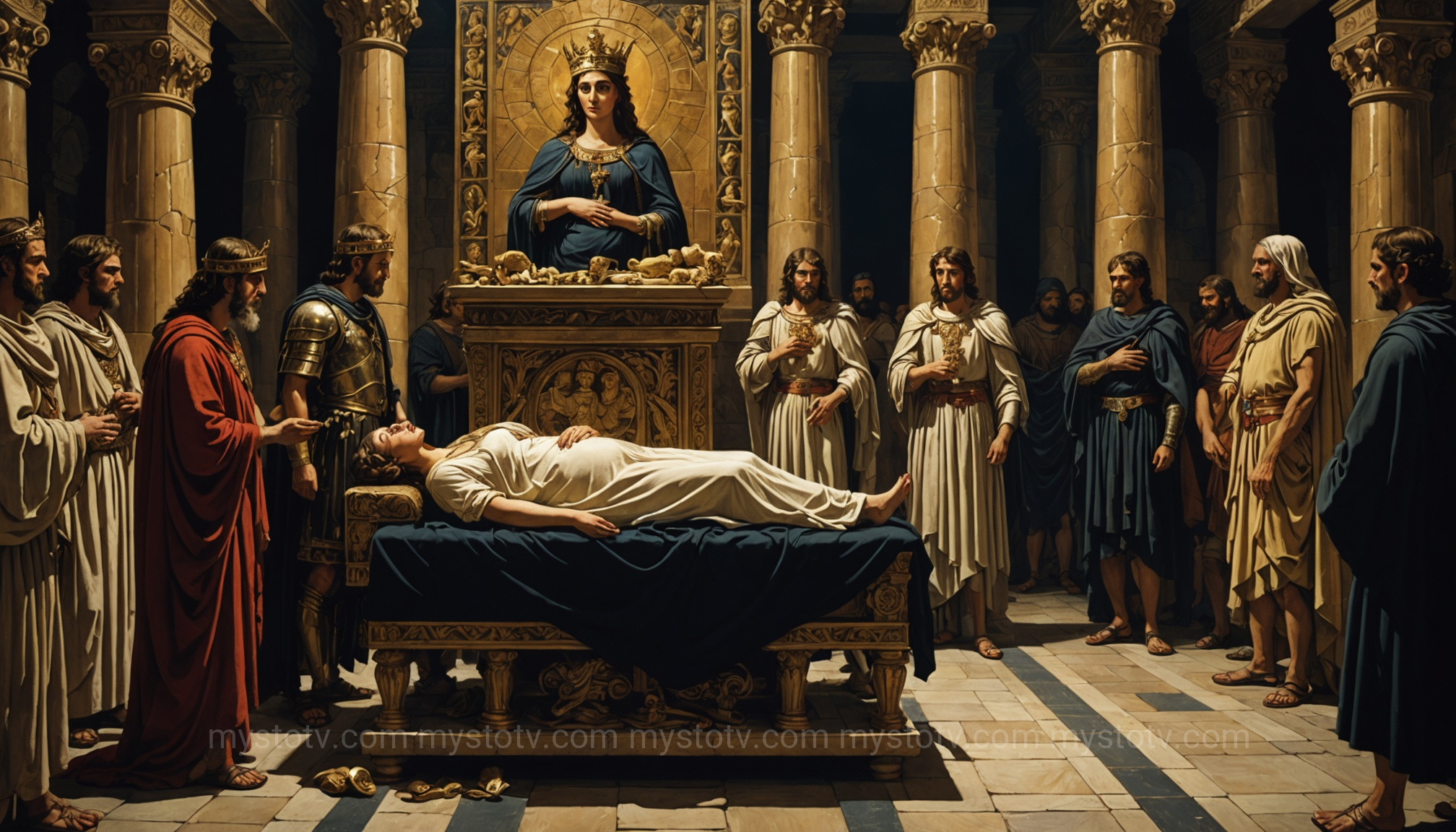 A painting depicting the uncertainty surrounding Alexander the Great\'s children, with a pregnant Roxana mourning her husband as his generals plot.