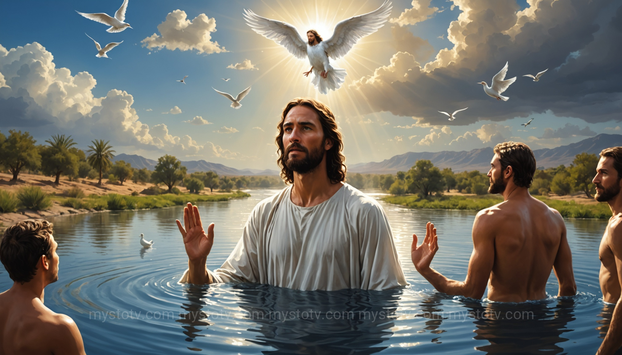A painting of Jesus\'s baptism, where the Father\'s voice, the Son, and the Spirit as a dove are present, a key event for the holy trinity explained.