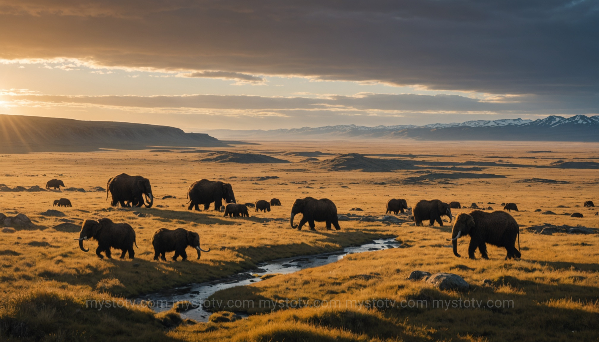 A panoramic view of the vast mammoth steppe ecosystem on the Bering Land Bridge, with woolly mammoths grazing, illustrating the lost world.