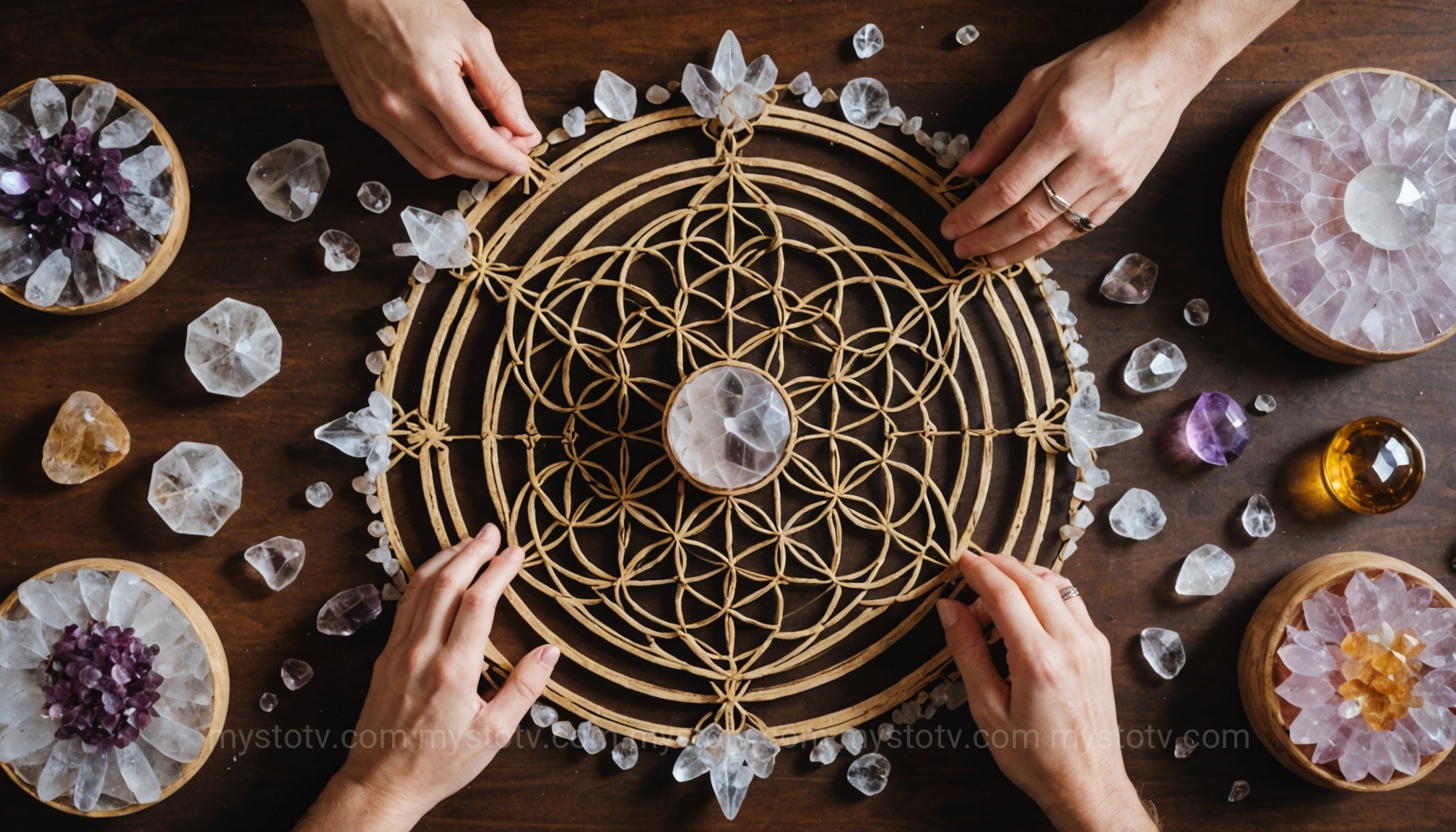 A person creating a crystal grid based on the Seed of Life pattern to integrate sacred geometry into their spiritual practice.