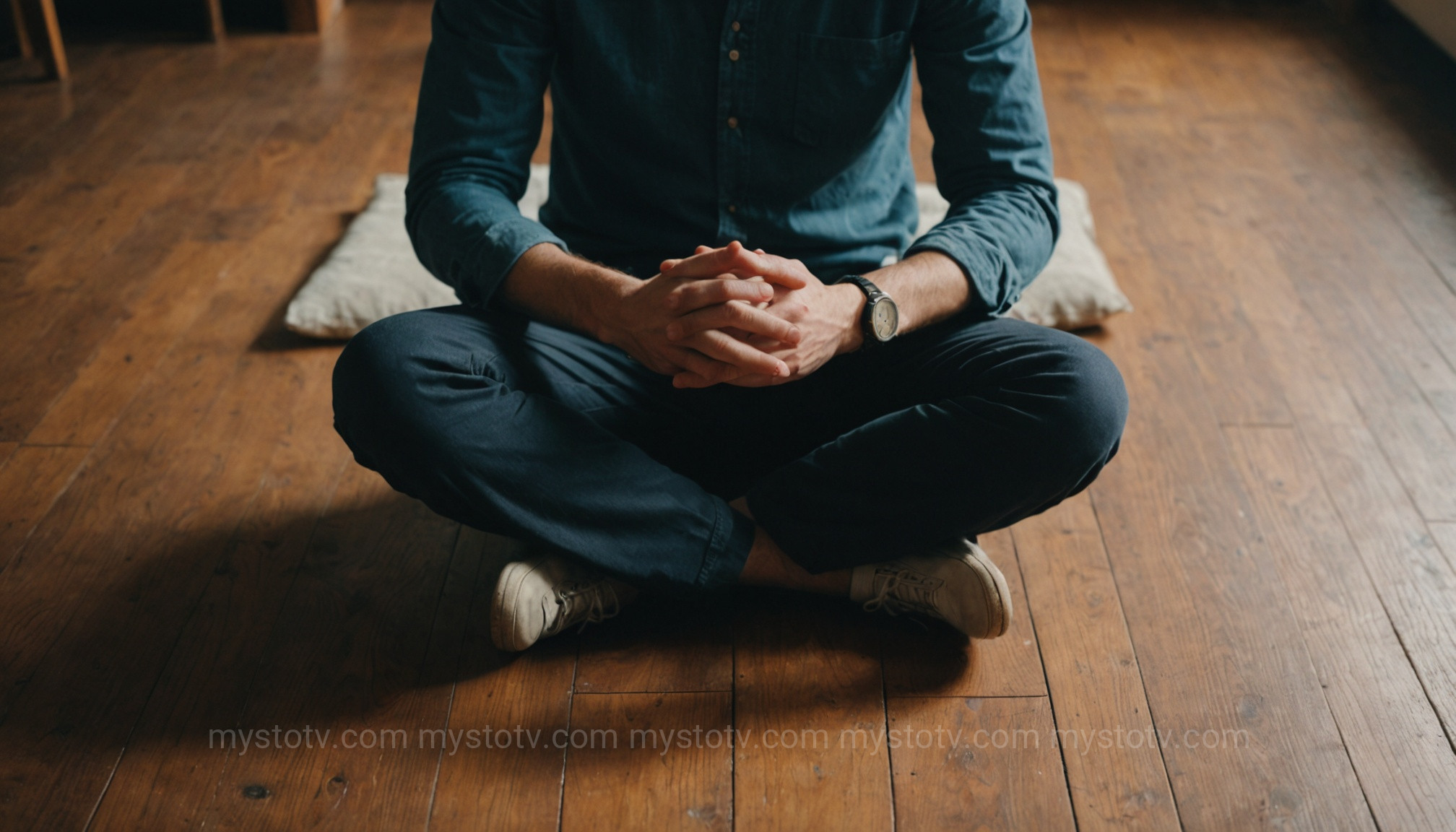 A person demonstrating a simple seated position, a key part of the 5-minute daily guide on how to practice mindfulness for beginners.