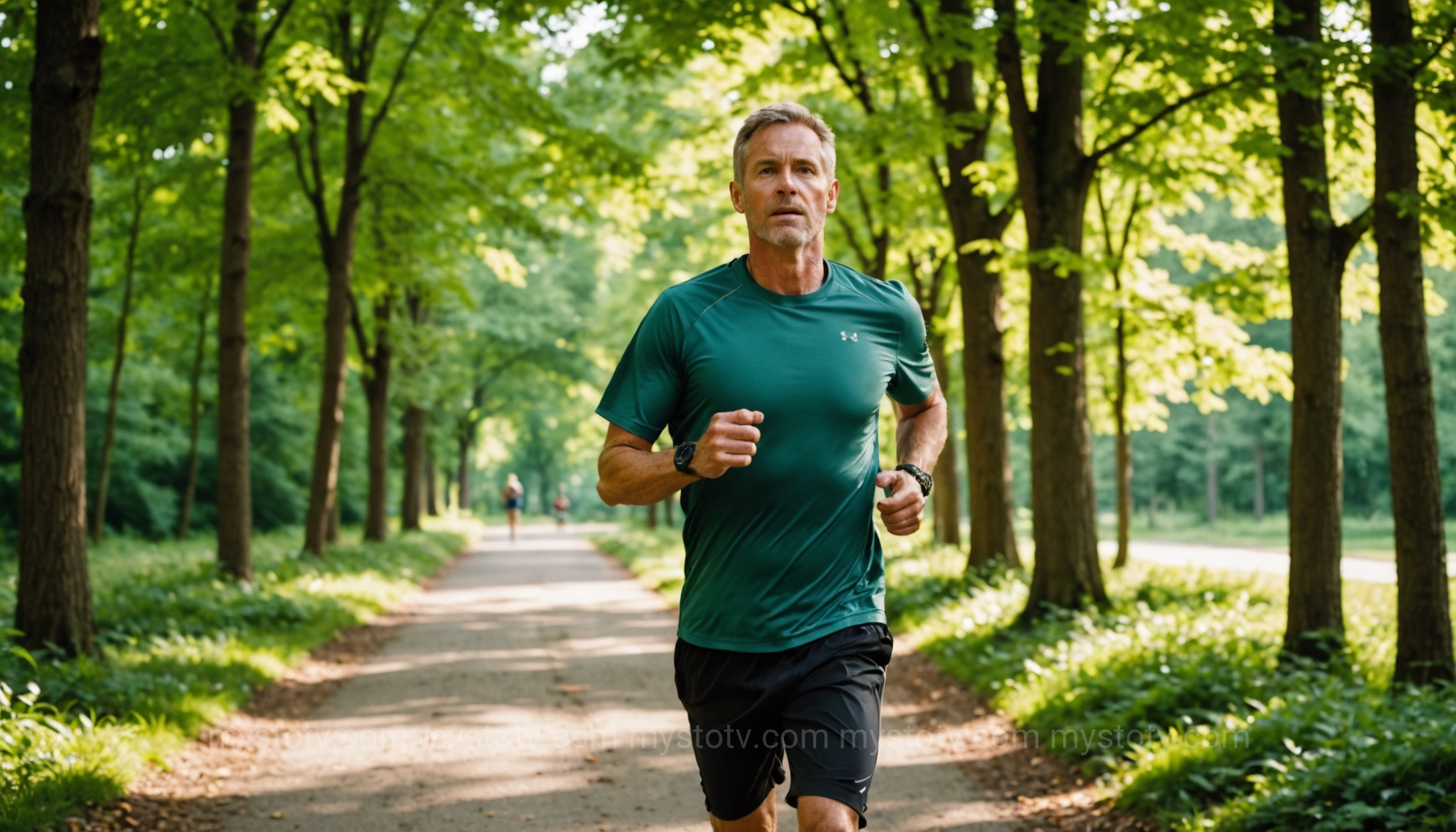 A person jogging through a sunny forest, demonstrating how exercise is a key step in understanding what is brain fog and how to fix it.