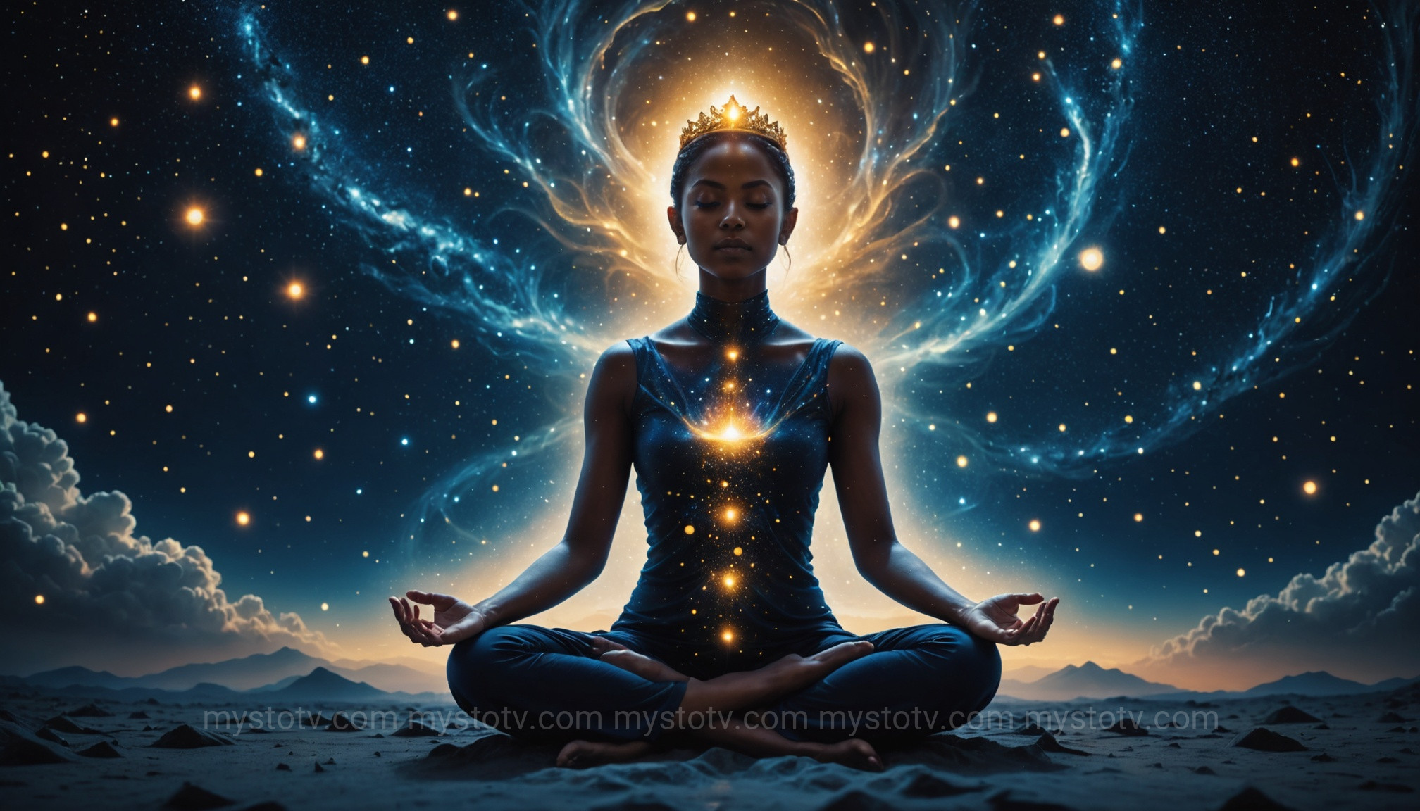 A person using visualization during guided meditation to connect with a divine source of light and energy.