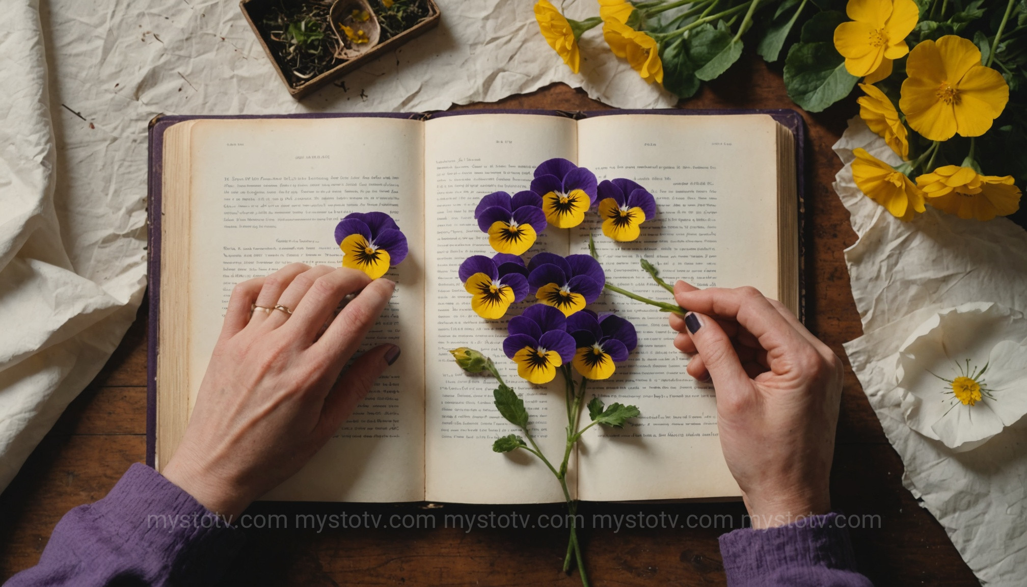 A person\'s hands carefully arranging flowers between blotting paper inside a heavy book, a classic technique for how to press flowers.