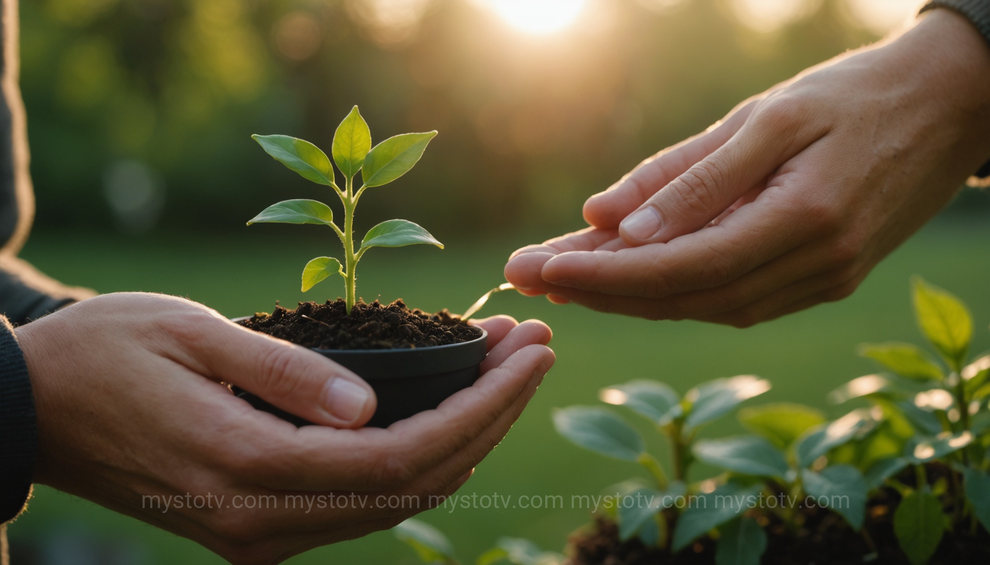 A person\'s hands carefully holding a glowing seedling, symbolizing how to apply the karma law explanation through intentional action.