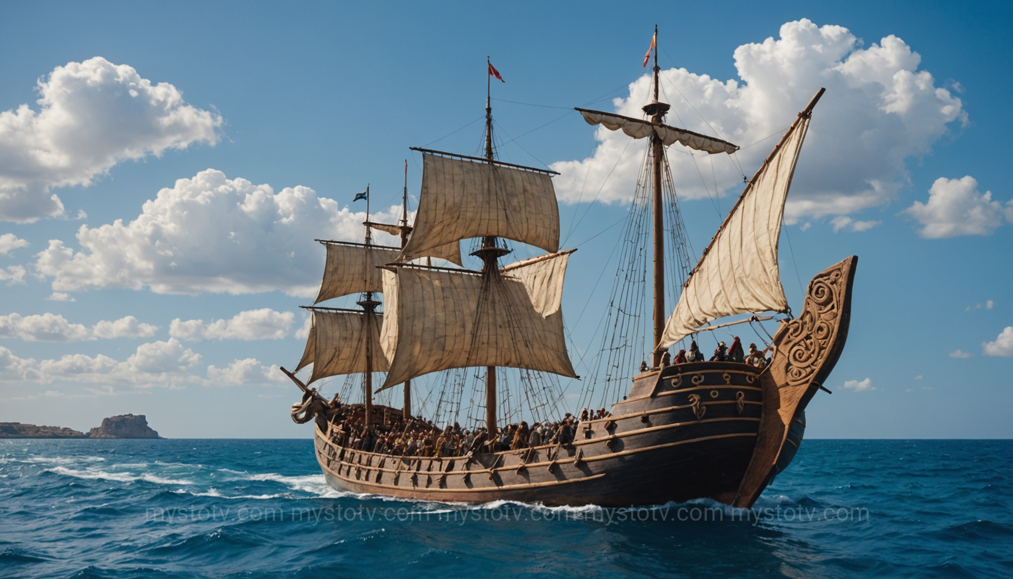 A Phoenician ship on the Mediterranean, representing the earliest maritime historical explorers from ancient times.