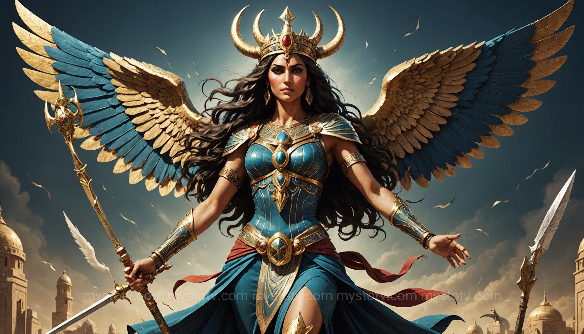 A portrayal of the goddess Inanna, a central figure when getting Mesopotamian gods explained, showcasing her symbols of power and war.