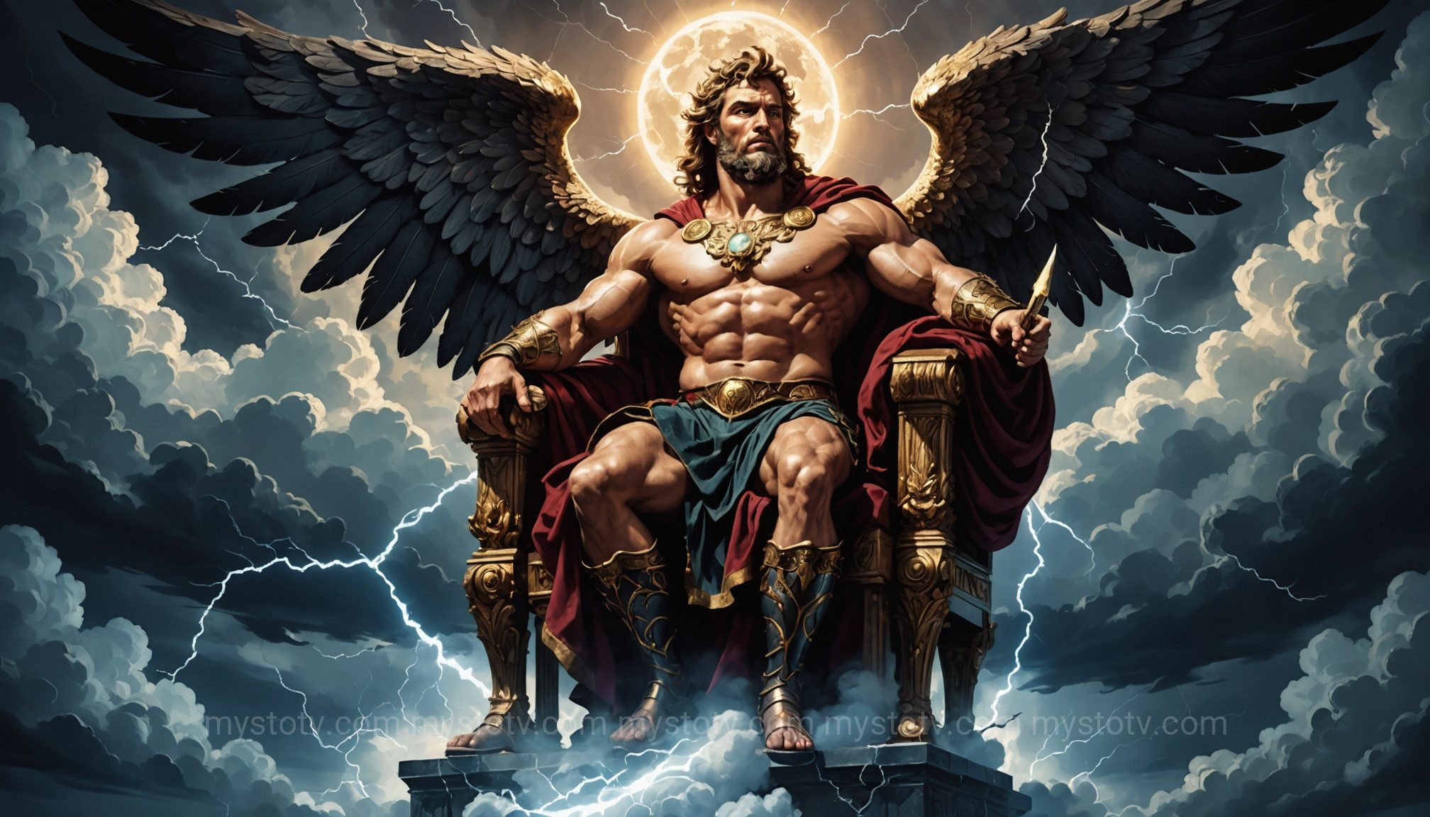 A powerful depiction of the Roman god Jupiter harnessing his powers over the sky and storms, holding a thunderbolt.