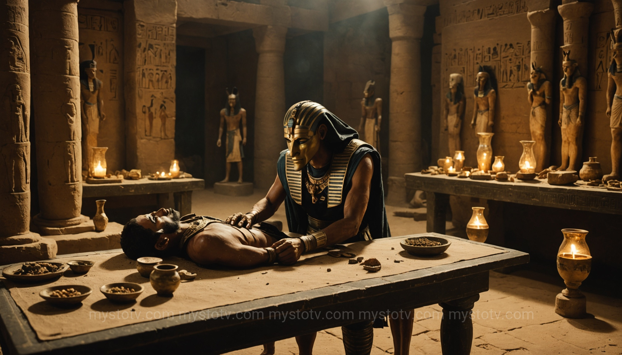 A priest as Anubis performing mummification, a key role highlighted in these anubis god of death facts.