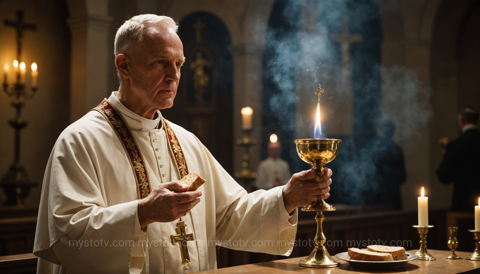 A priest performing the Eucharist ritual, a powerful example of religious symbolism meaning in sacred objects like bread and wine.