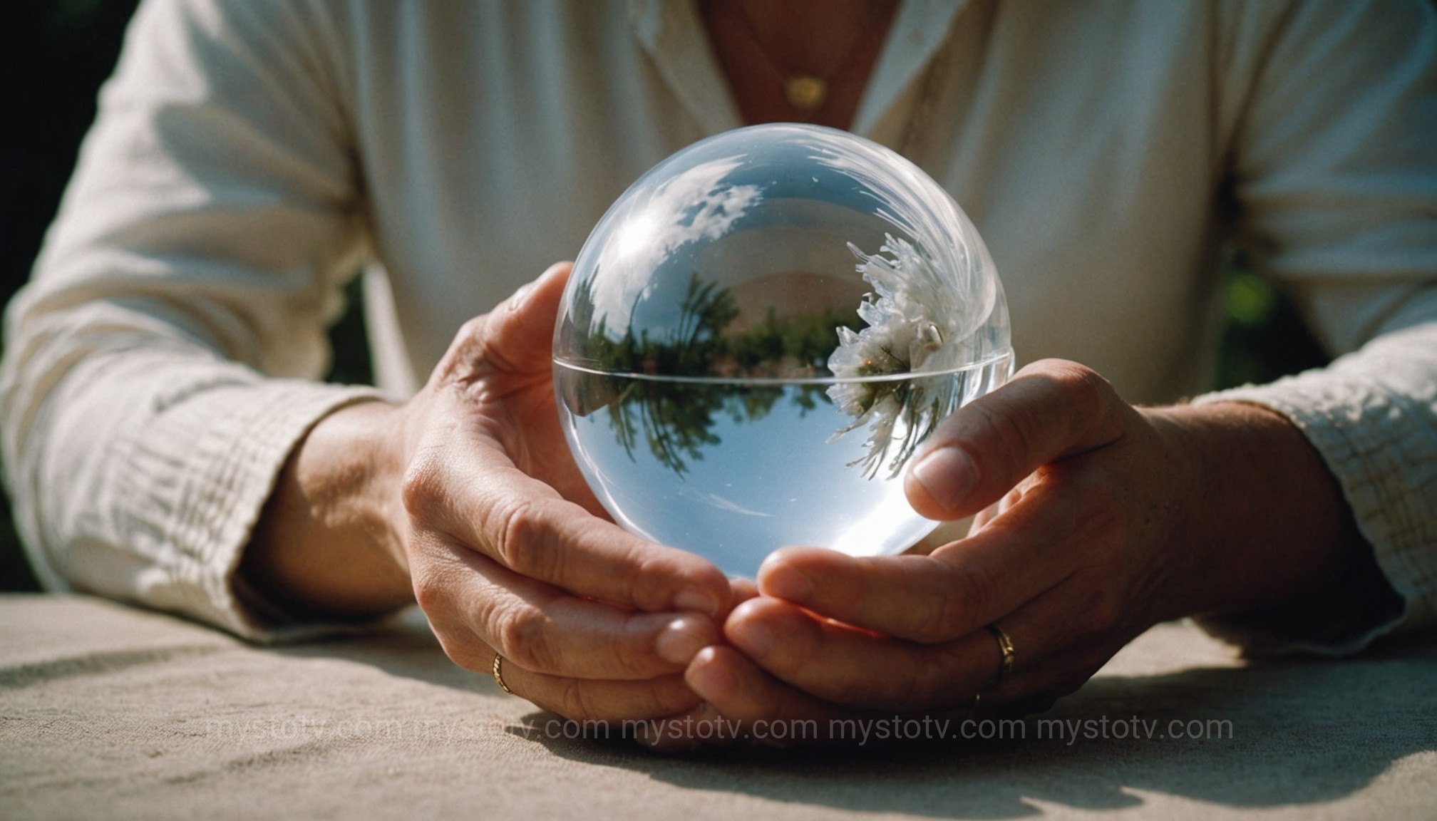A psychic\'s hands holding a crystal ball with cloudy formations, depicting the interpretation of the crystal ball meaning in a reading.