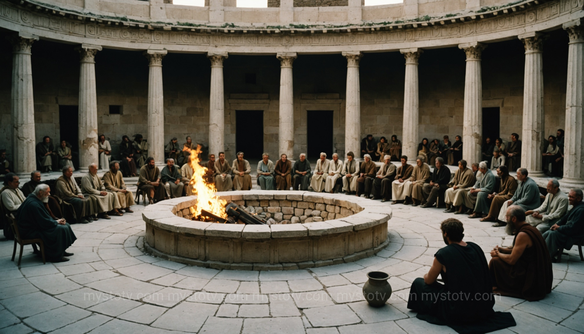 A public hearth in a Greek prytaneum, showing the civic importance of who is Hestia goddess of.