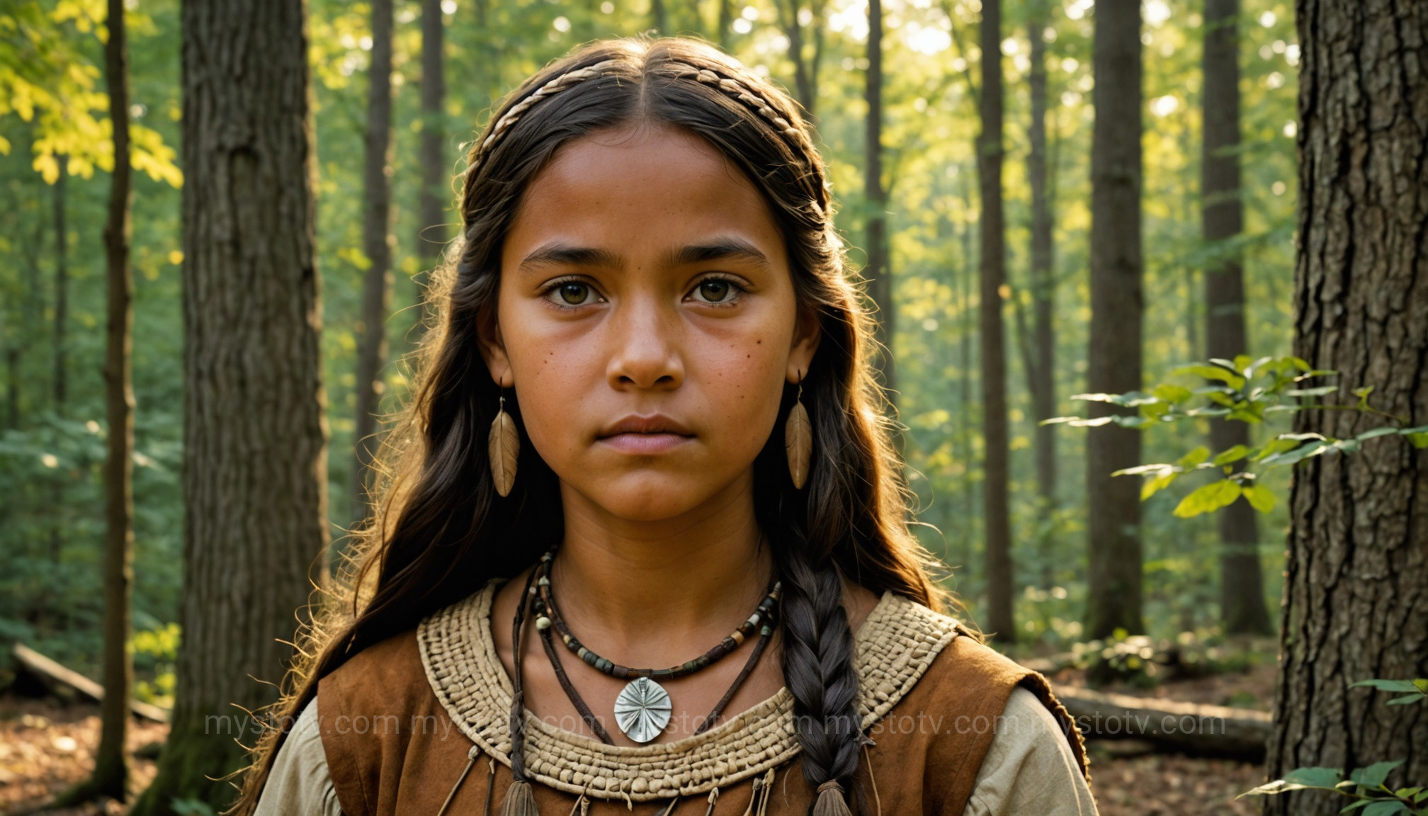 A realistic depiction of a young Powhatan girl, helping to tell the real story of Pocahontas before the English arrival.