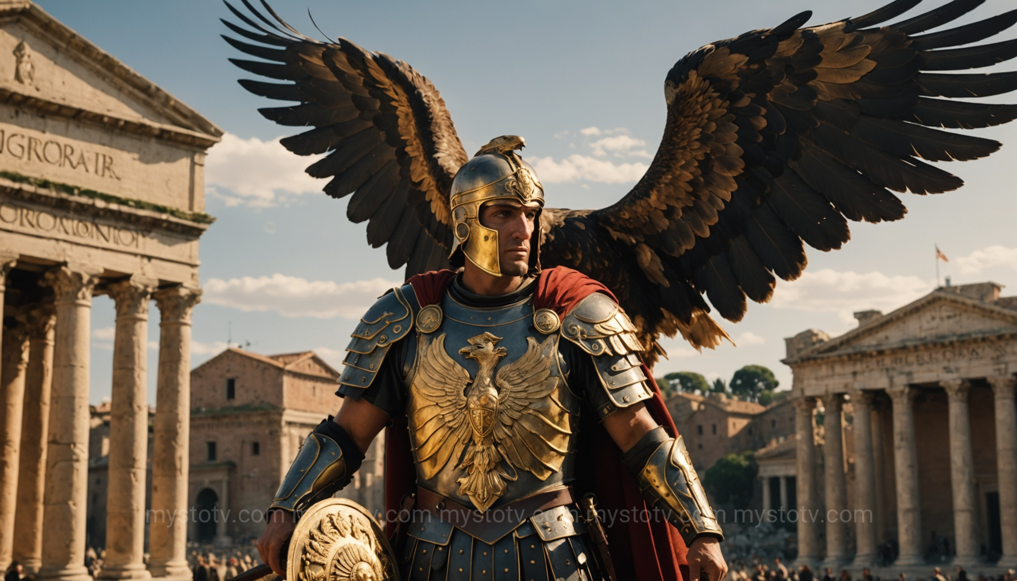 A Roman Aquila standard, showcasing the eagle and thunderbolt, key symbols representing the Roman god Jupiter powers.