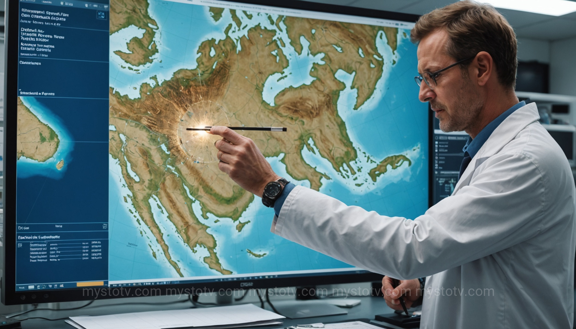 A scientist analyzes a sea-bed core sample showing the Thera ash layer, key evidence in the atlantis theory documentary.