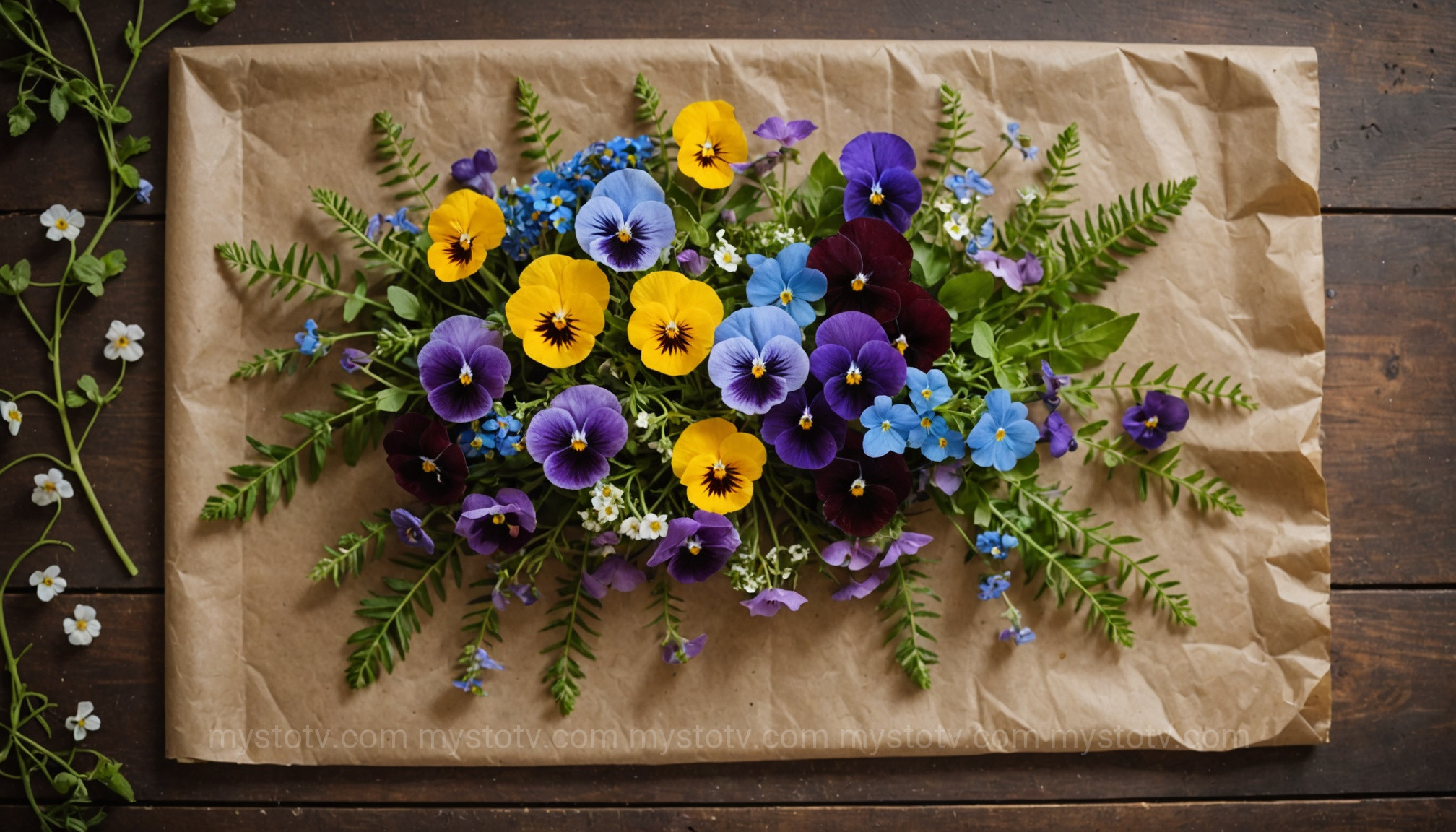 A selection of fresh pansies, ferns, and cosmos laid out on parchment paper, demonstrating the best blooms for learning how to press flowers.