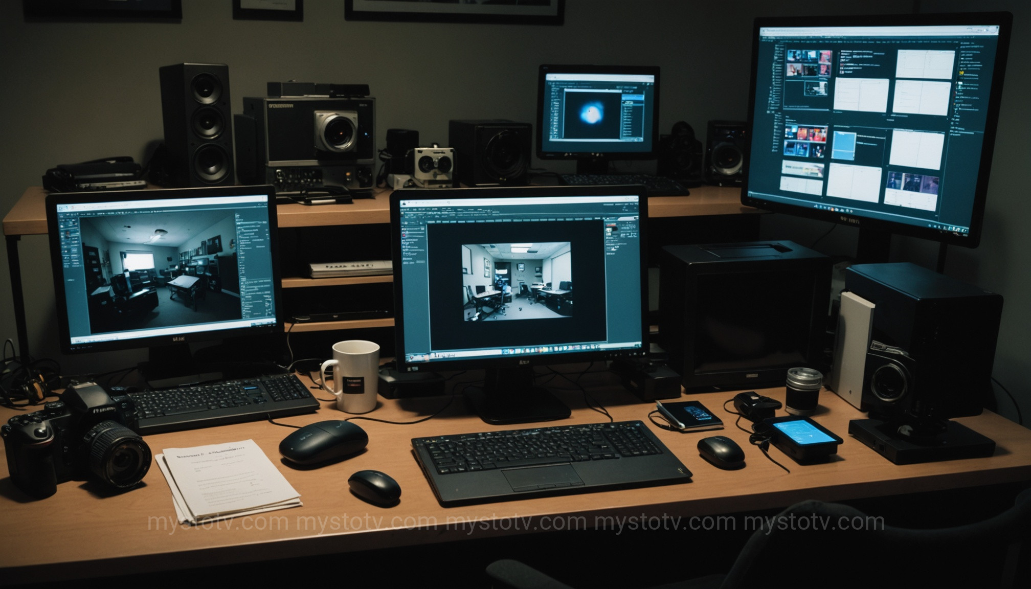 A setup for a modern ghost photography analysis, showing cameras and software used to evaluate paranormal evidence.