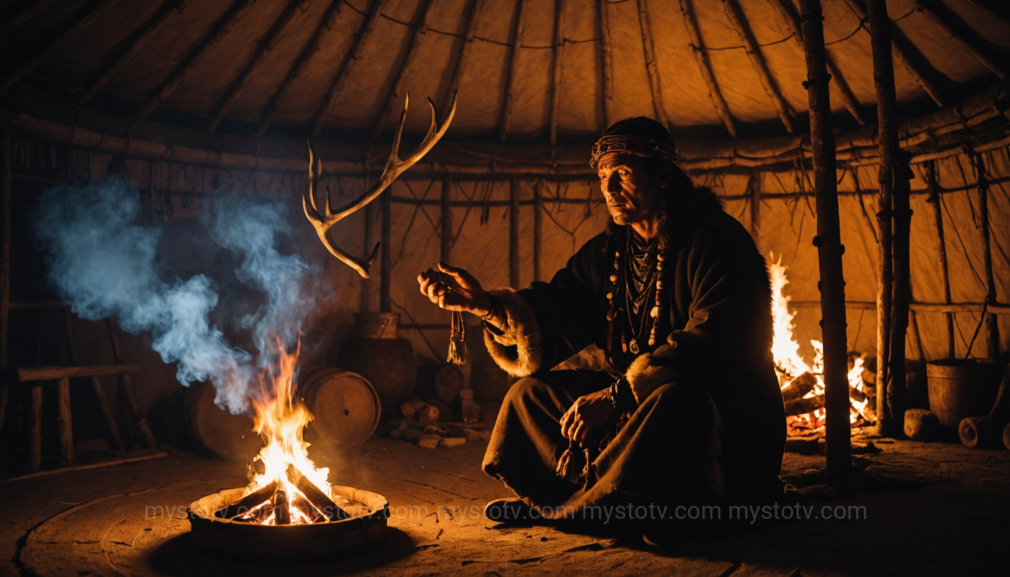A shaman in a trance performing soul flight, depicting the indigenous astral projection beliefs of spirit travel for healing and community wisdom.