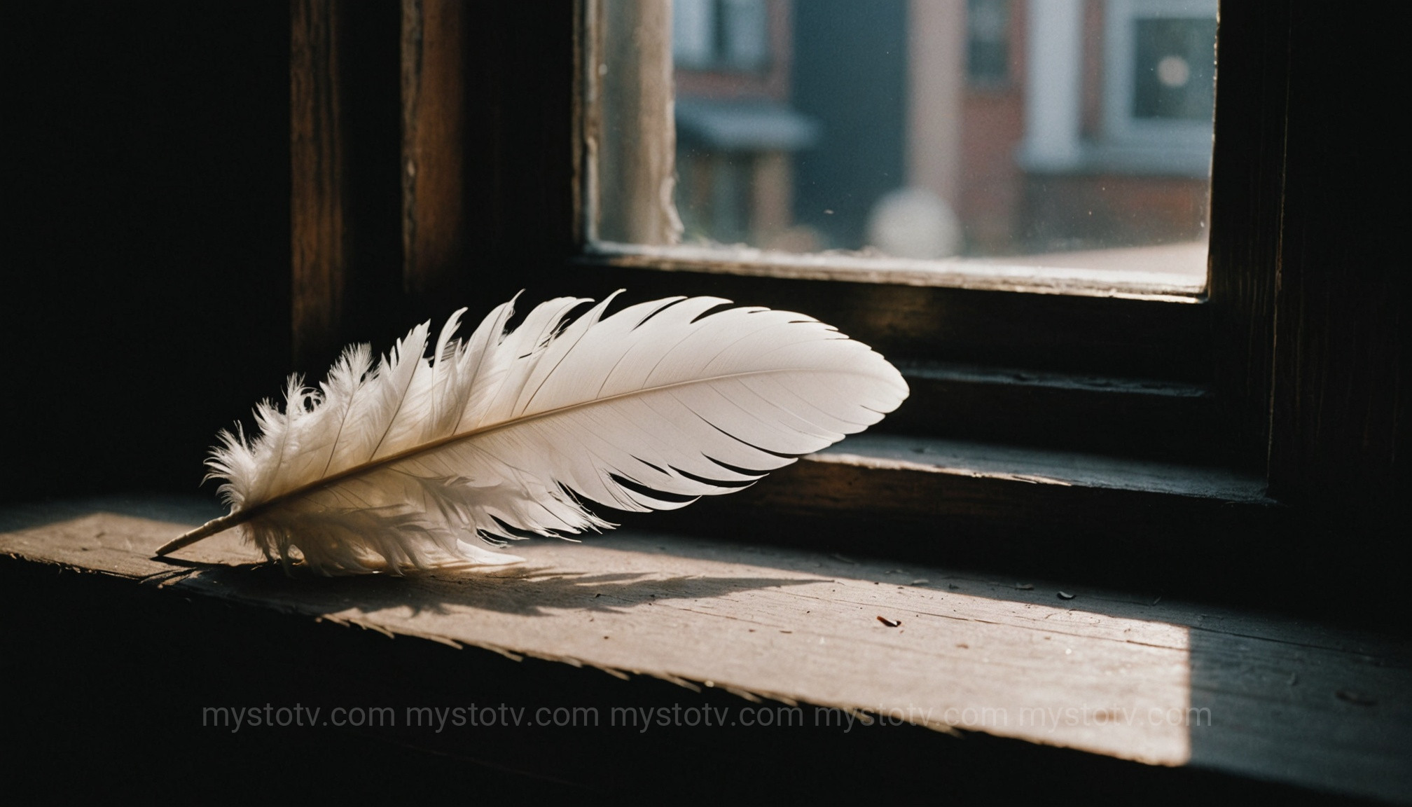 A single white feather on a windowsill, a symbolic sign often interpreted in guardian angels stories as a message of comfort.