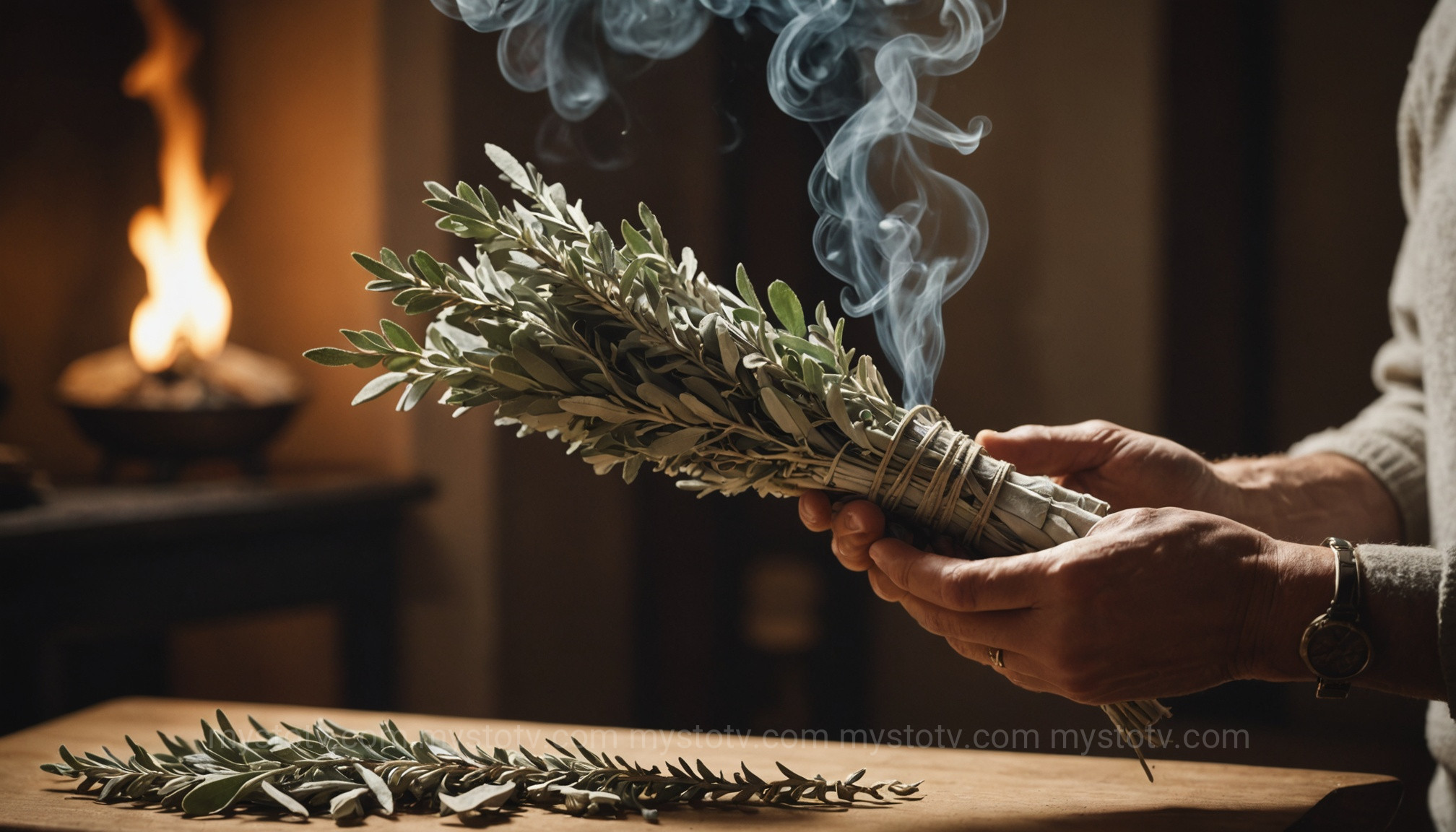 A smudging ritual, a common practice in many spiritual healing ceremonies for cleansing negative energy.