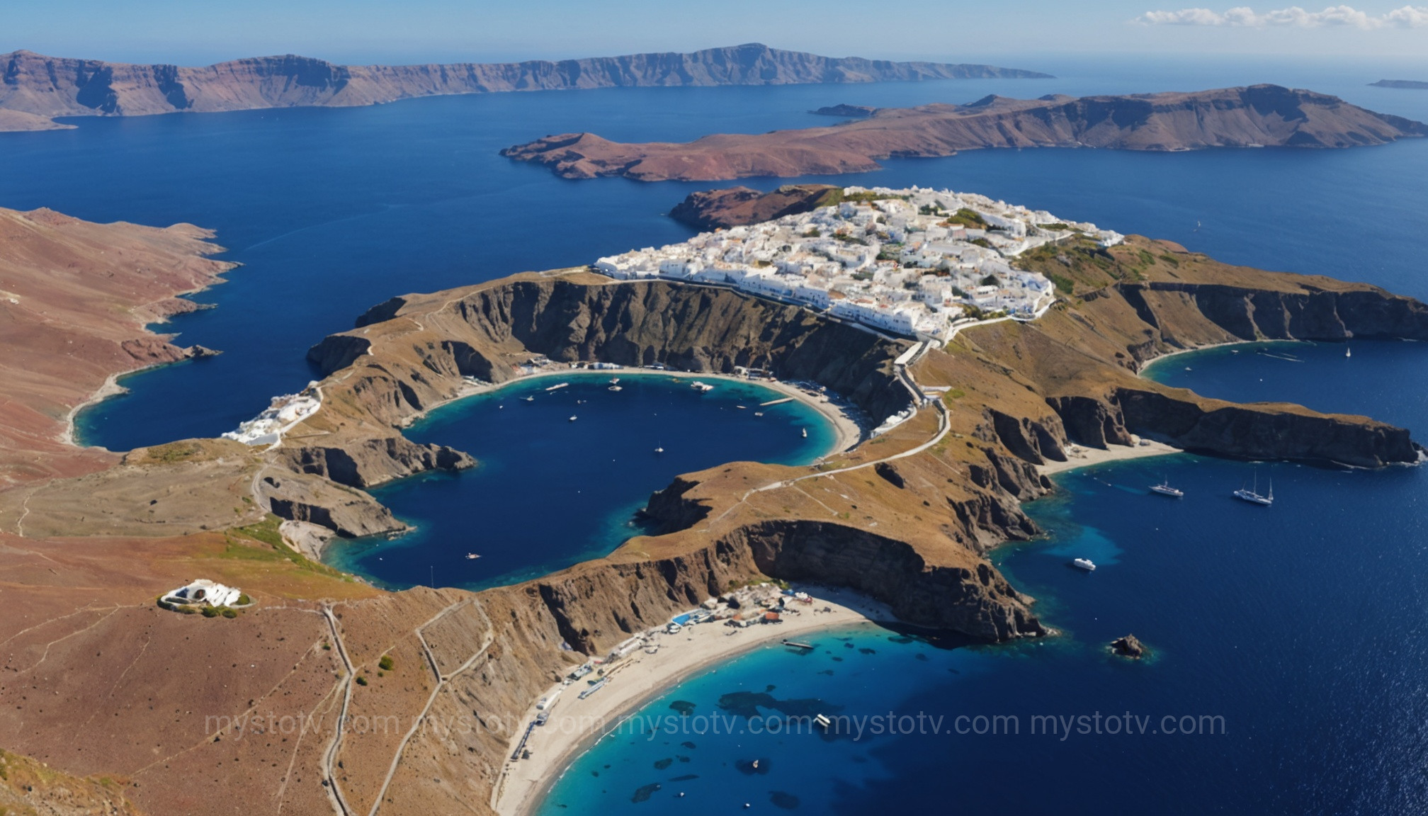 A split image comparing ancient Thera to modern Santorini, the central thesis of the atlantis theory documentary.