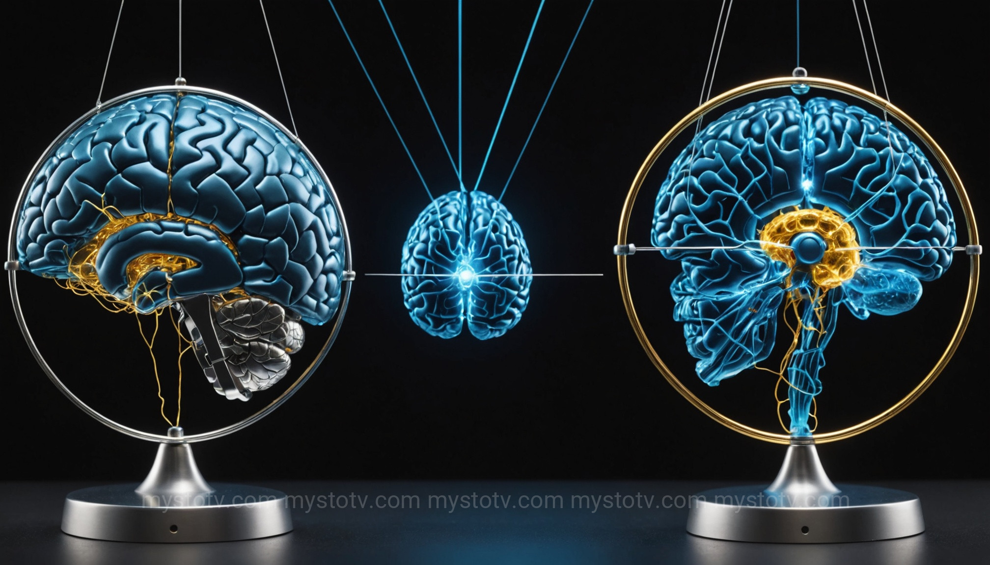 A split image of a brain\'s neural pathways and a Newton\'s cradle, representing a scientific and psychological karma law explanation.