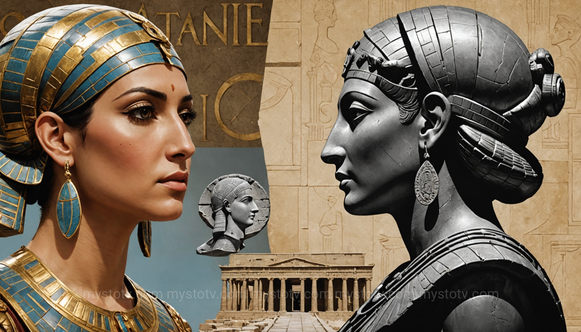 A split image showing ancient artifacts and the resulting AI reconstruction to answer what did Cleopatra look like.