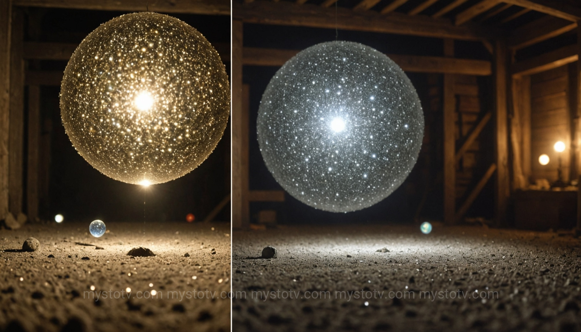 A split-screen image used in a technical ghost photography analysis to show how dust particles create orbs when photographed with a flash.