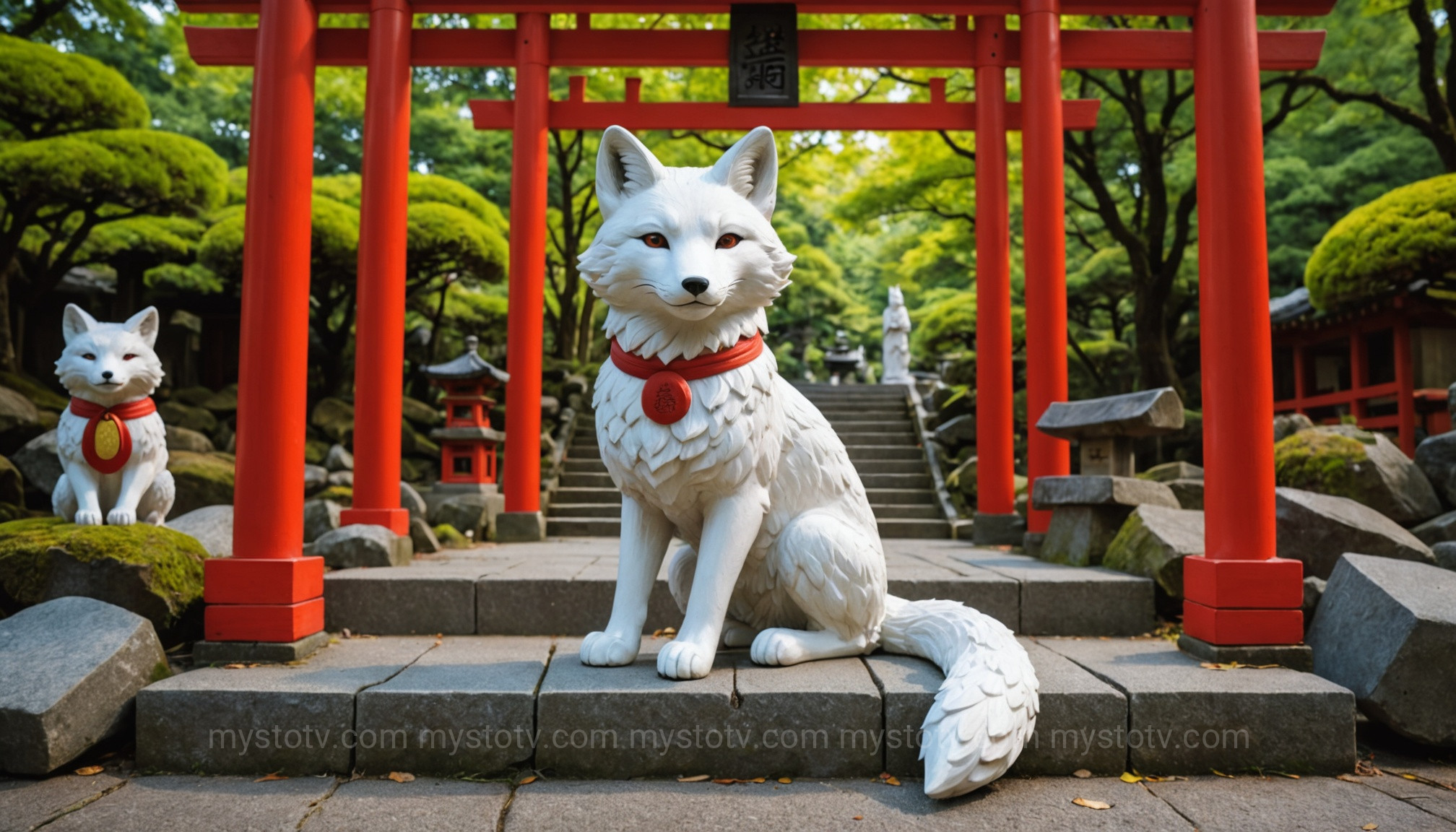 A stone fox statue at an Inari shrine, representing the divine messenger aspect of the Japanese kitsune myth.