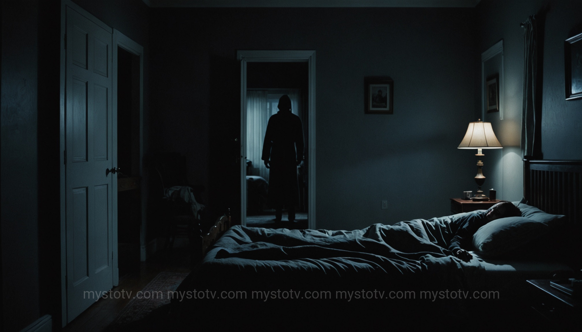 A terrifying view of a sleep paralysis ghost figure standing in a bedroom doorway, illustrating a common hallucination.