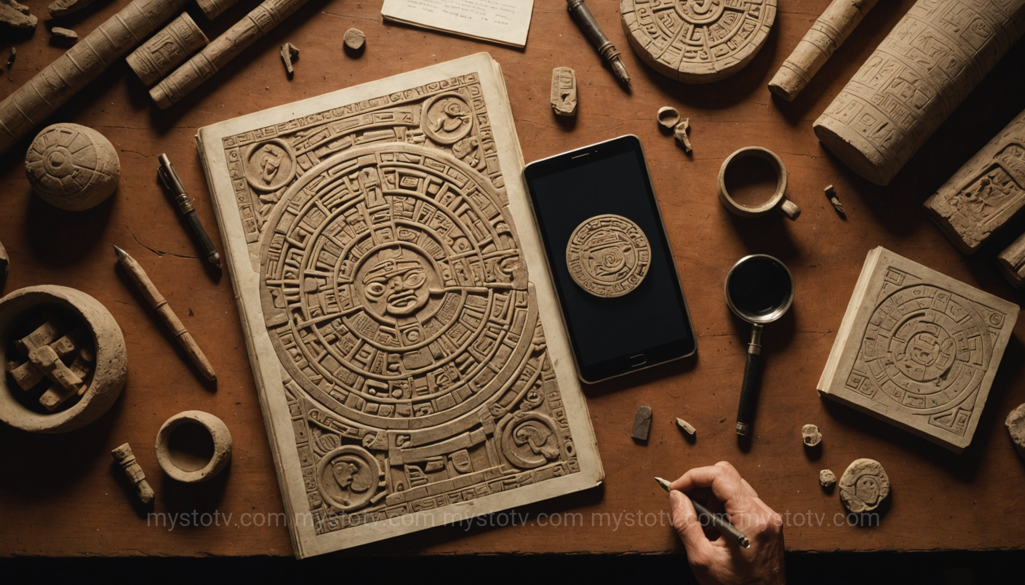 A toolkit with books and notes for studying mayan hieroglyphs for beginners.